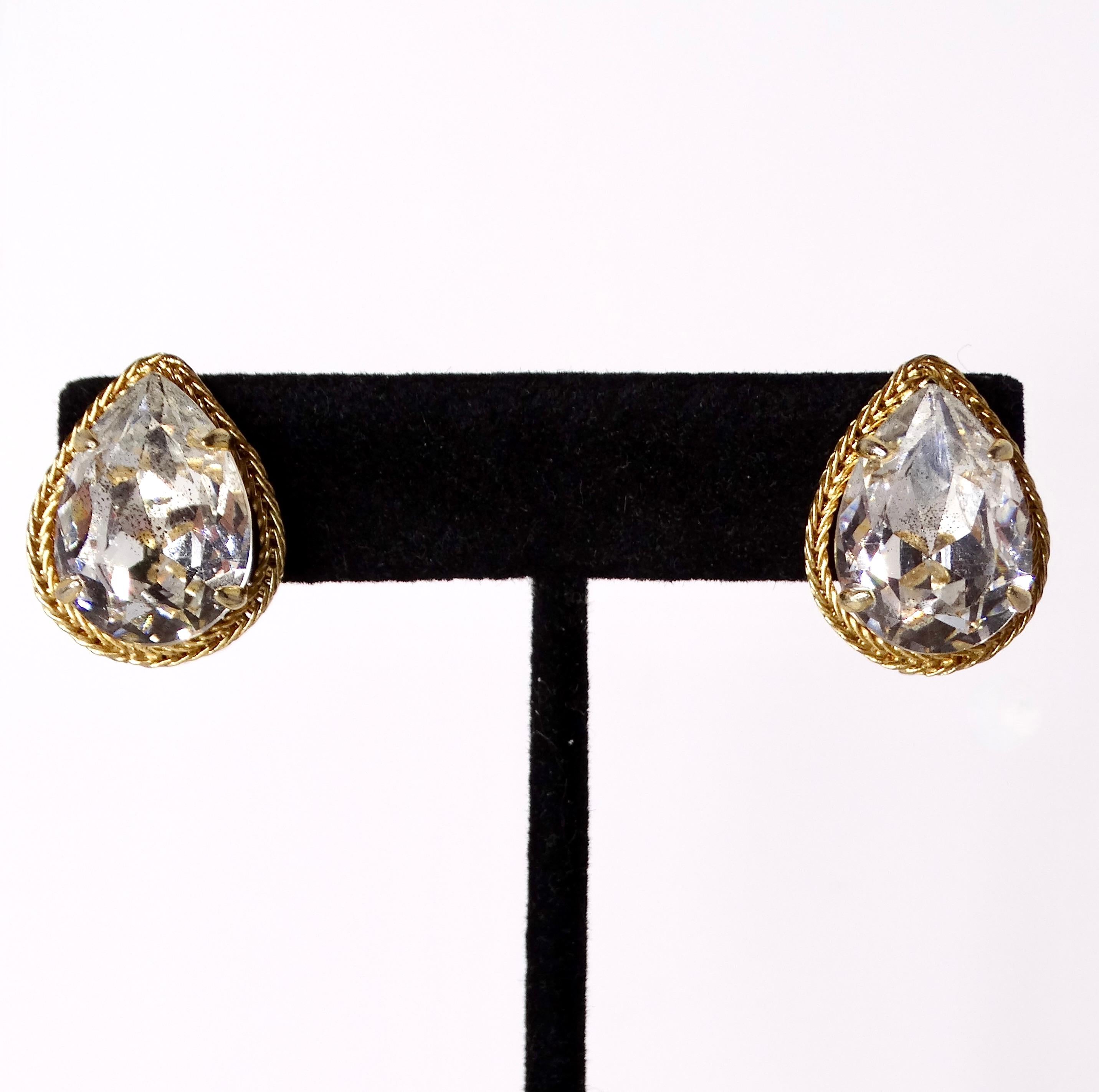 Women's Art Deco Tear Drop Costume Crystal 18k Gold Plated Braided Clip On Earrings For Sale