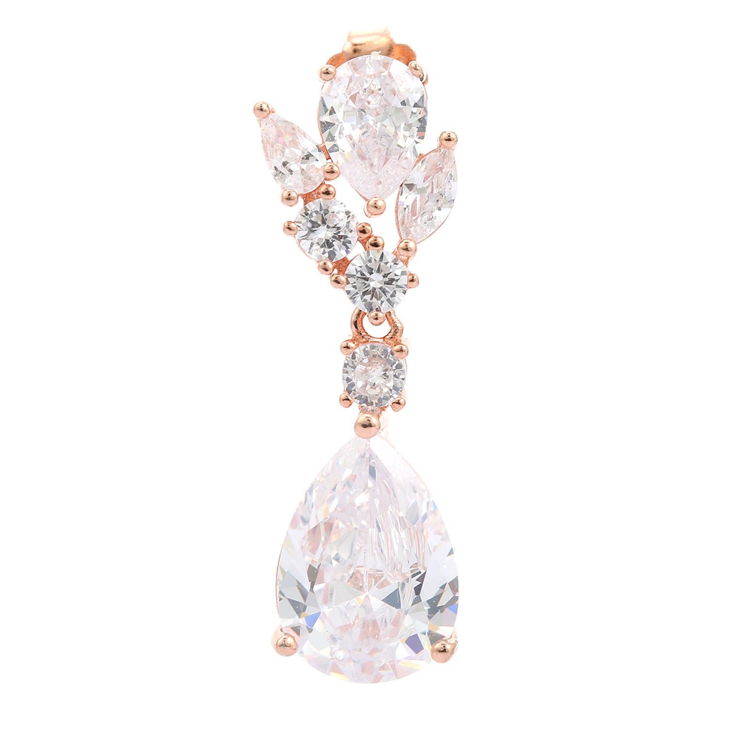 Modern Art Deco Style Teardrop Leaf Cubic Zirconia Wedding Earrings for Her in Silver For Sale