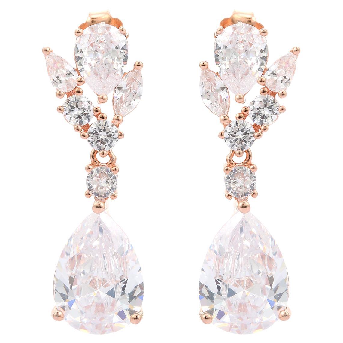 Art Deco Style Teardrop Leaf Cubic Zirconia Wedding Earrings for Her in Silver For Sale
