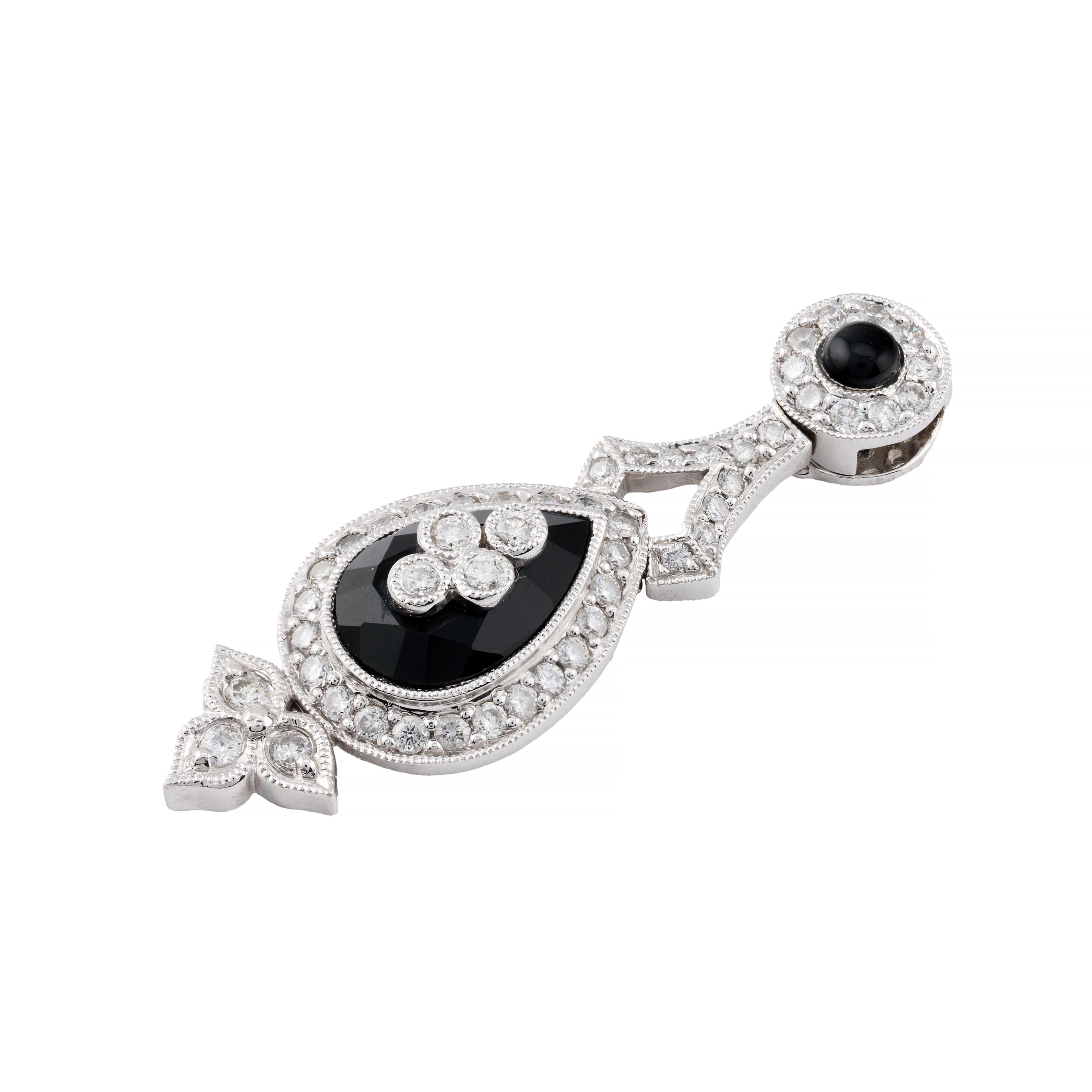 Collana a goccia Art Deco con diamanti e onice in oro bianco 14 carati In condizioni ottime in vendita a Boston, MA