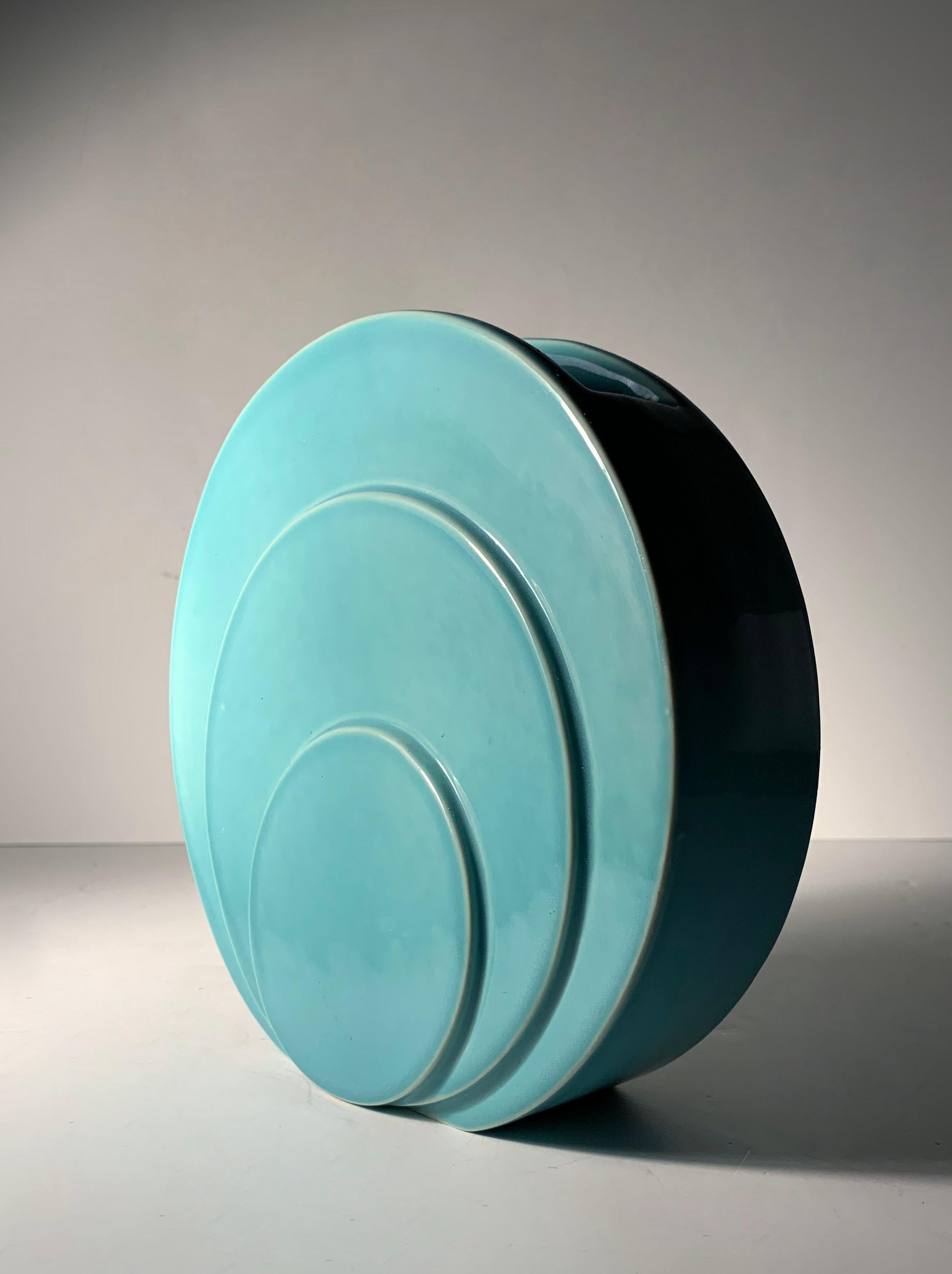 American Art Deco Teil Aqua Circle Disc Vase by TAC Trenton Potteries For Sale