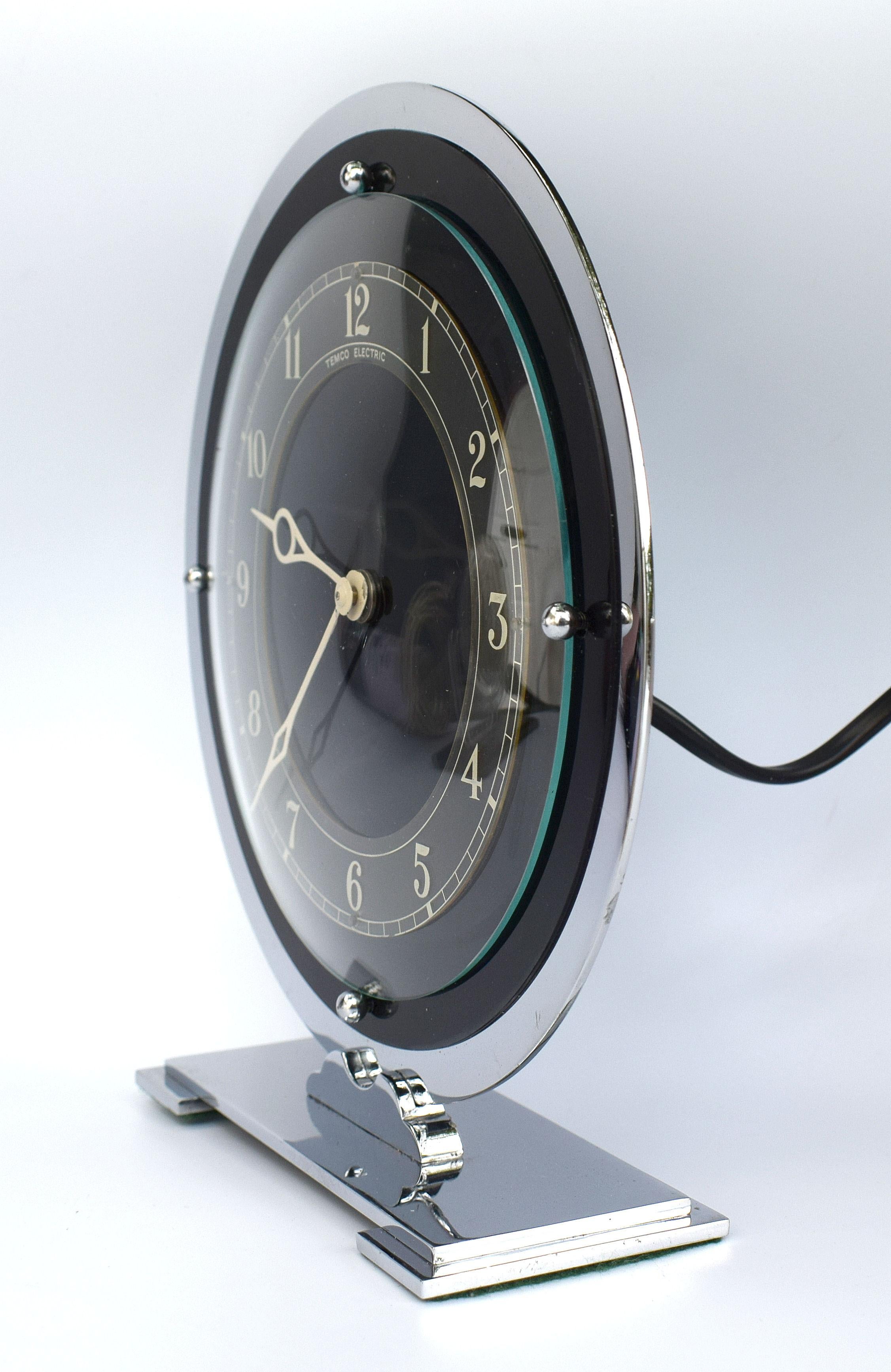 English Art Deco Temco Chrome Electric Mantel Clock, 1930s