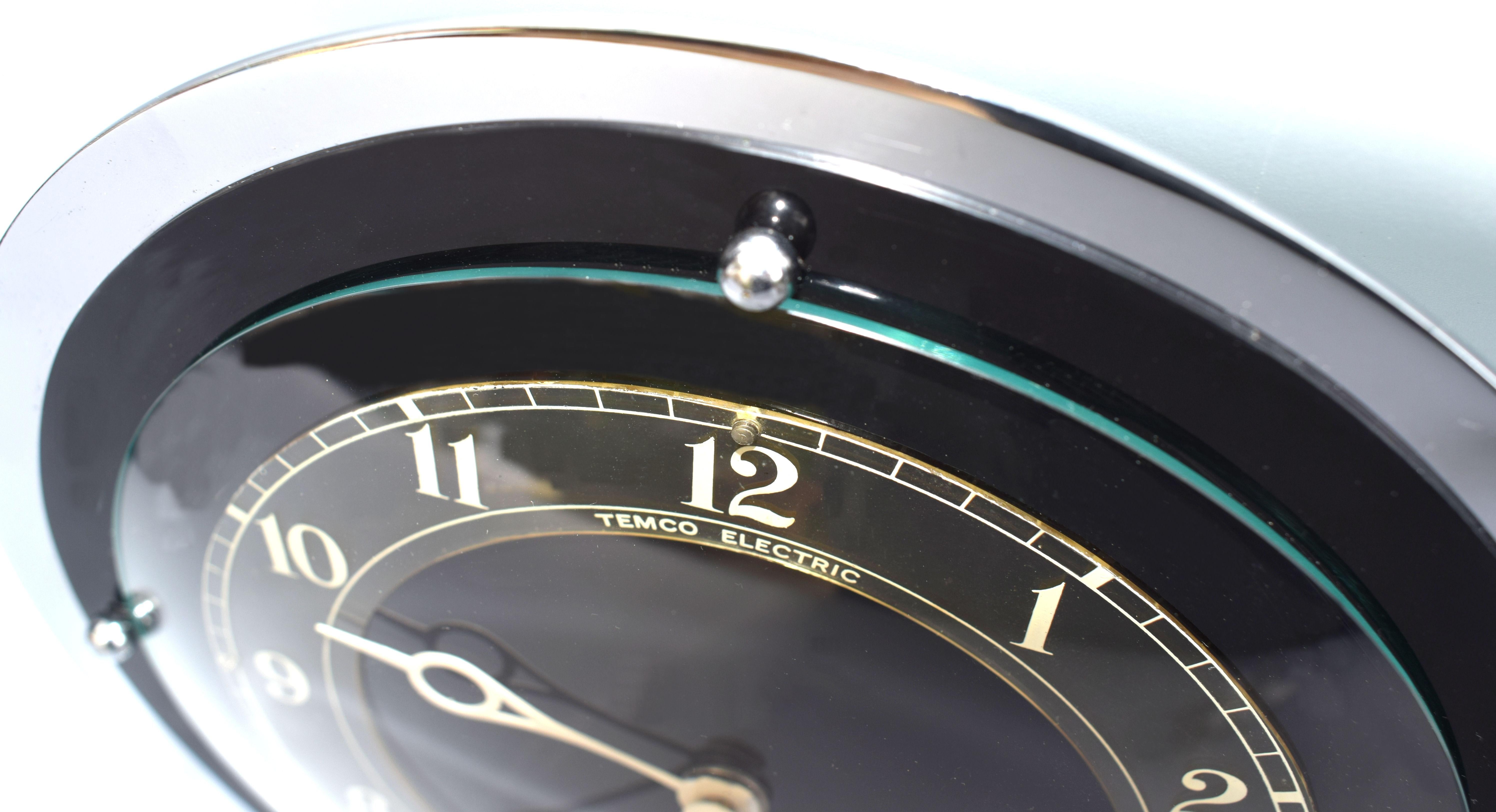 Glass Art Deco Temco Chrome Electric Mantel Clock, 1930s
