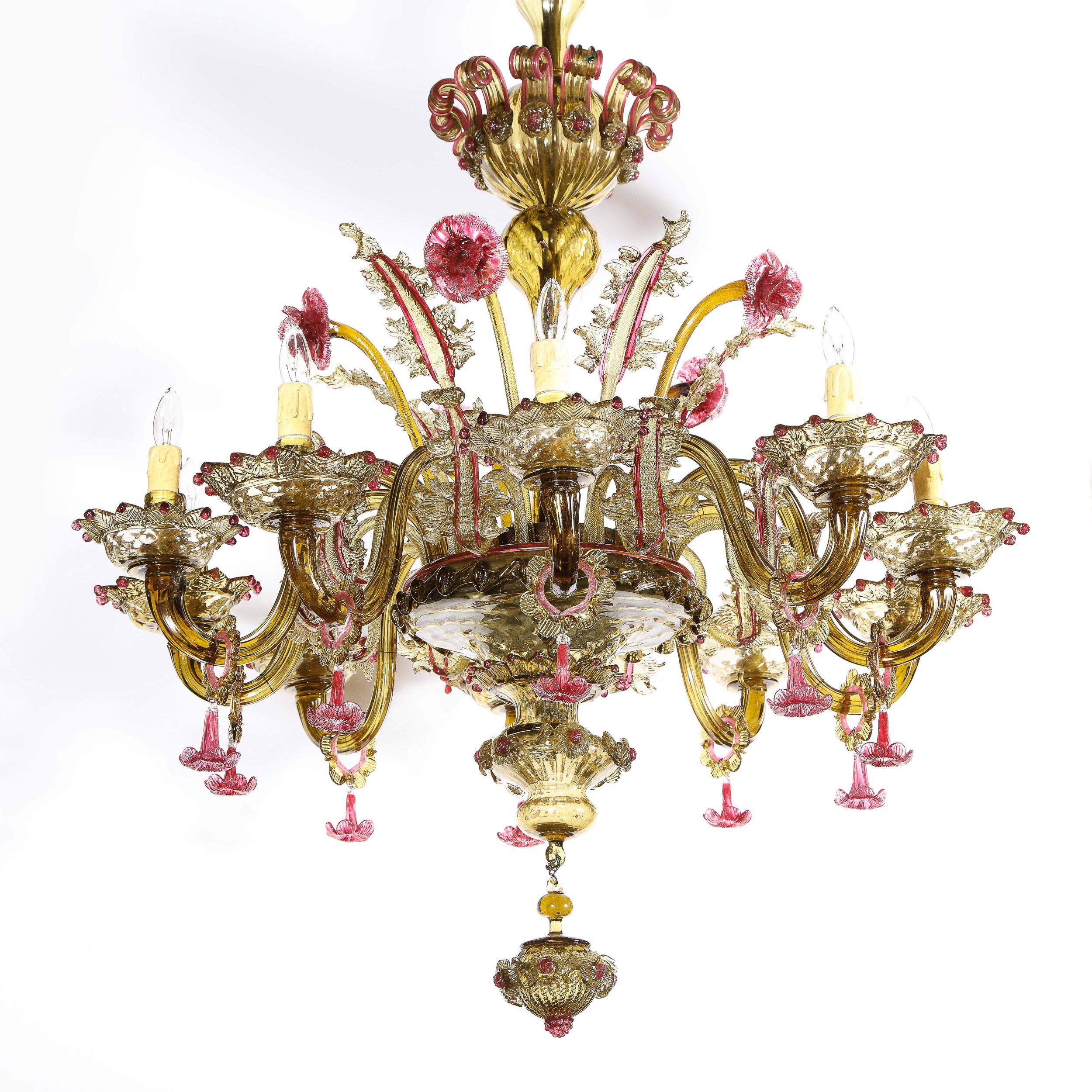Art Deco Ten Arm Smoked Amber & Rose Murano Glass Chandelier with Florettes 3