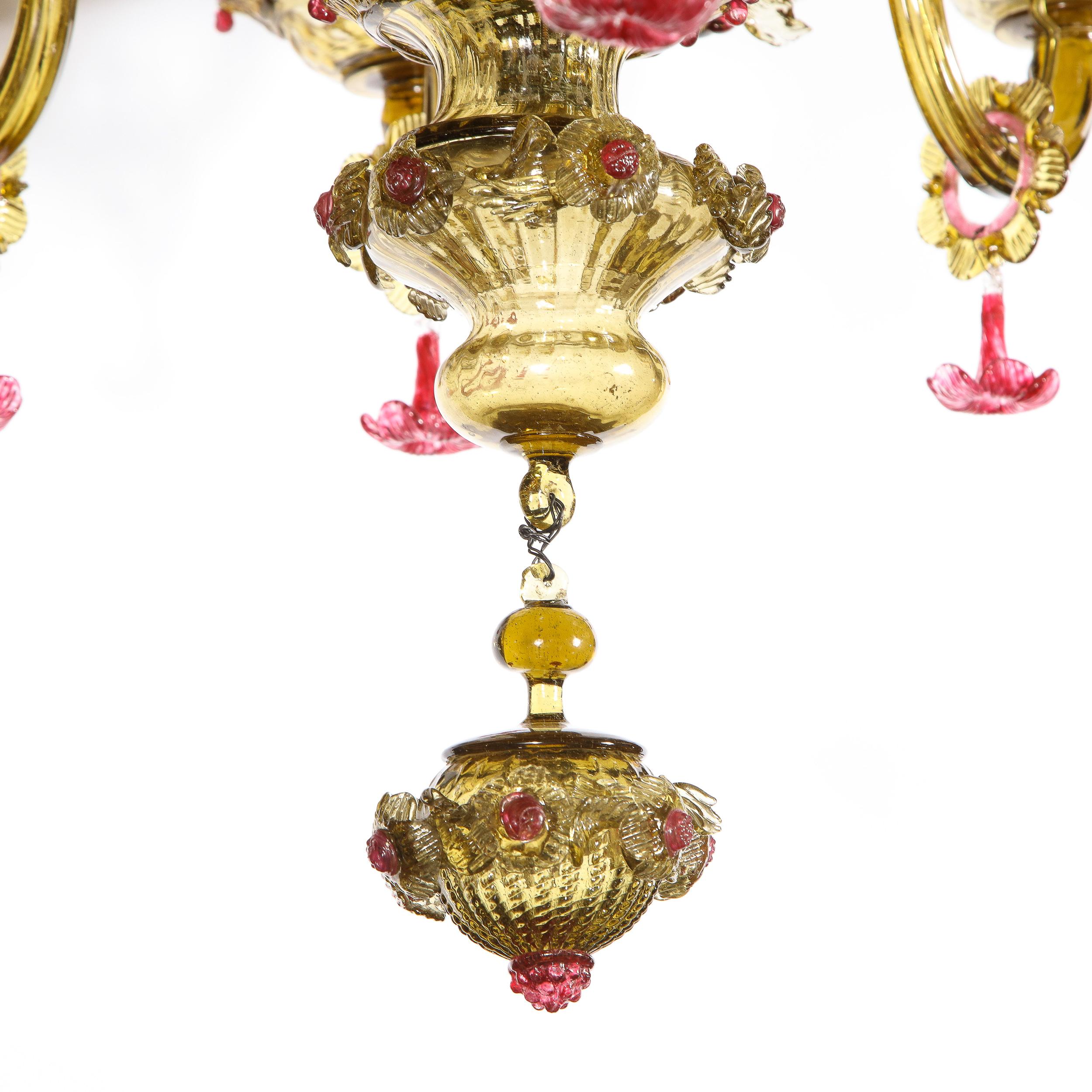 Mid-20th Century Art Deco Ten Arm Smoked Amber & Rose Murano Glass Chandelier with Florettes