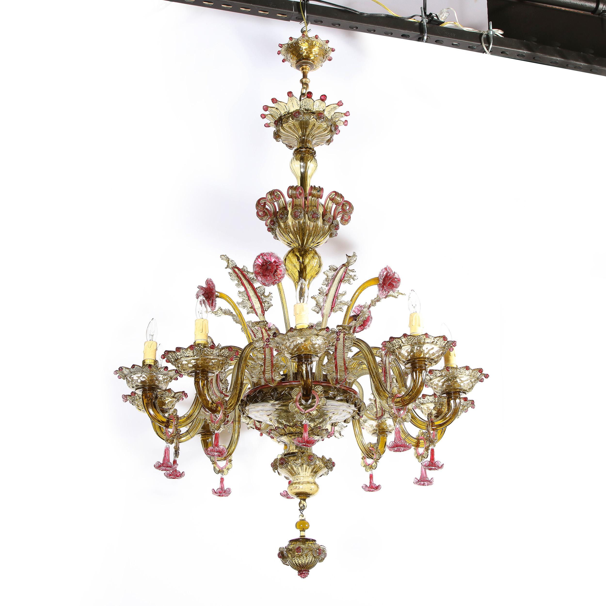 Art Deco Ten Arm Smoked Amber & Rose Murano Glass Chandelier with Florettes 1