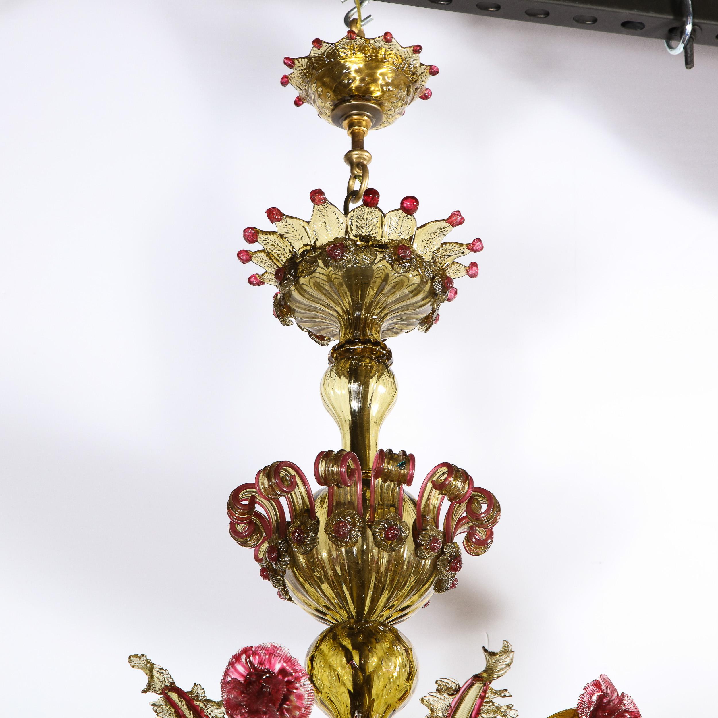 Art Deco Ten Arm Smoked Amber & Rose Murano Glass Chandelier with Florettes 2