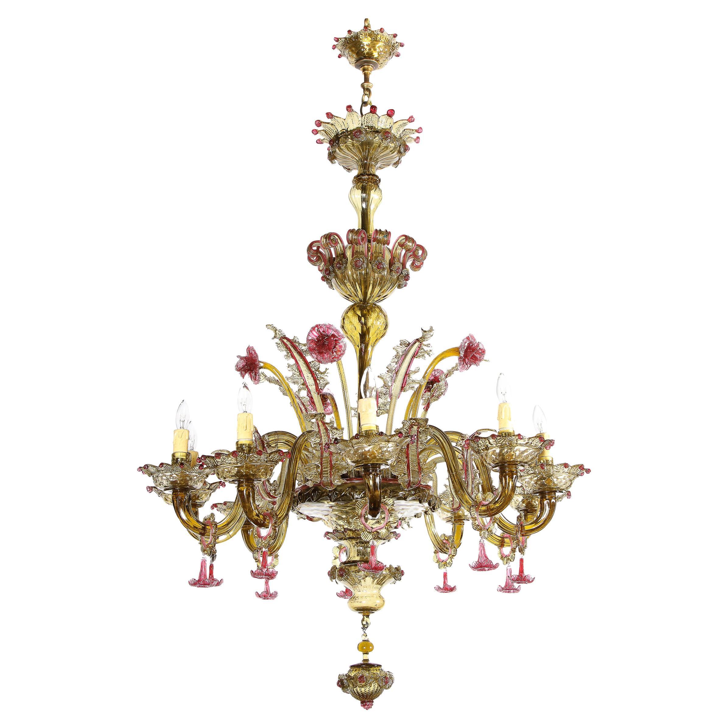 Art Deco Ten Arm Smoked Amber & Rose Murano Glass Chandelier with Florettes