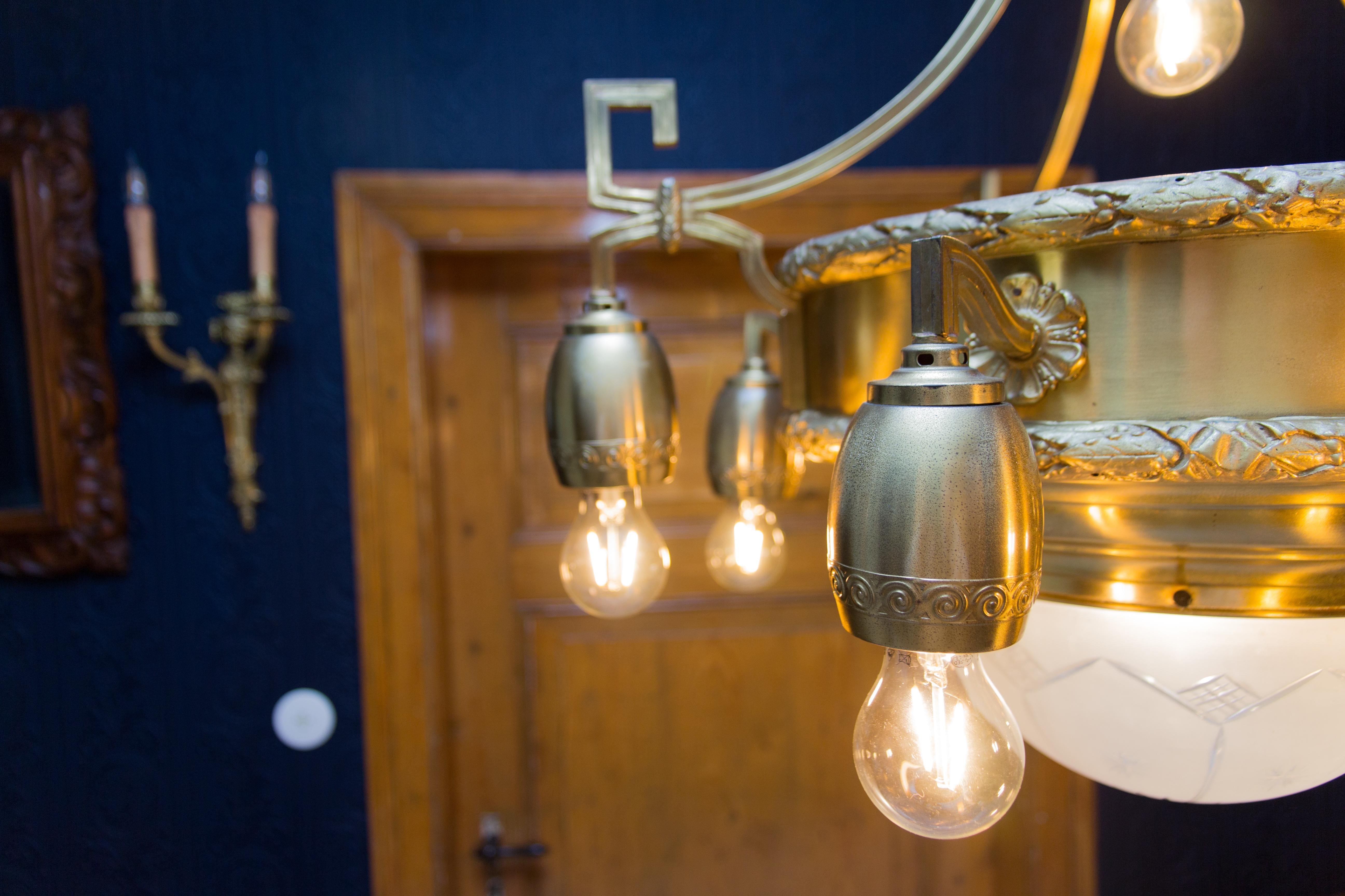 Art Deco Ten-Light Brass and Frosted Cut Glass Chandelier 9