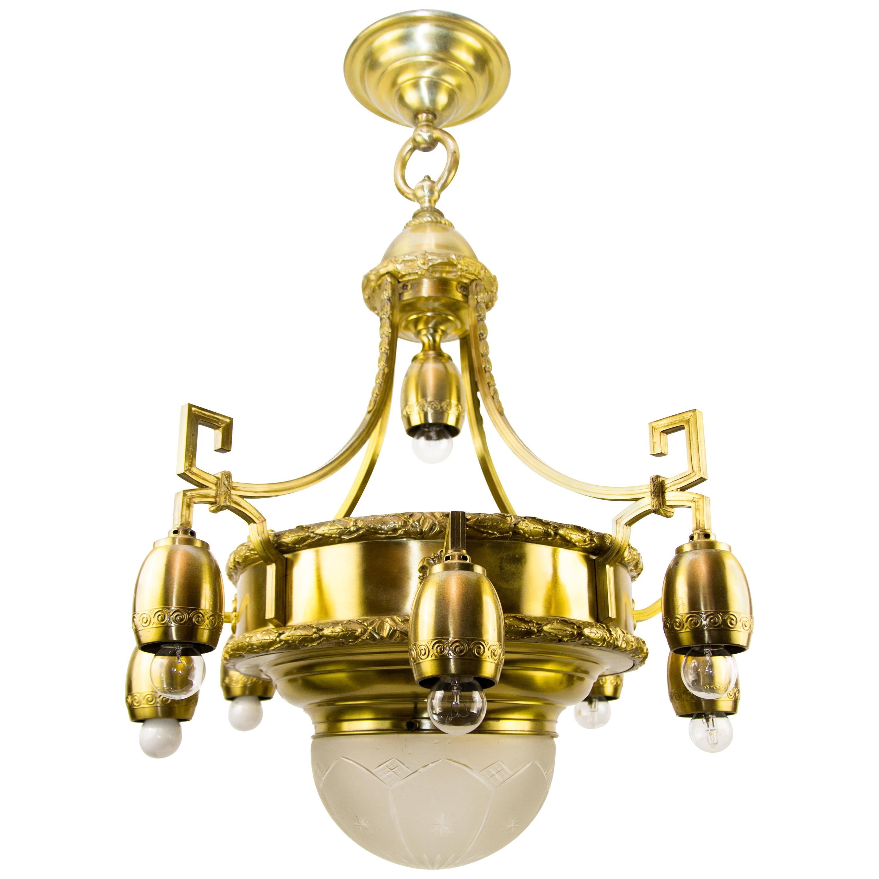 Art Deco Ten-Light Brass and Frosted Cut Glass Chandelier
