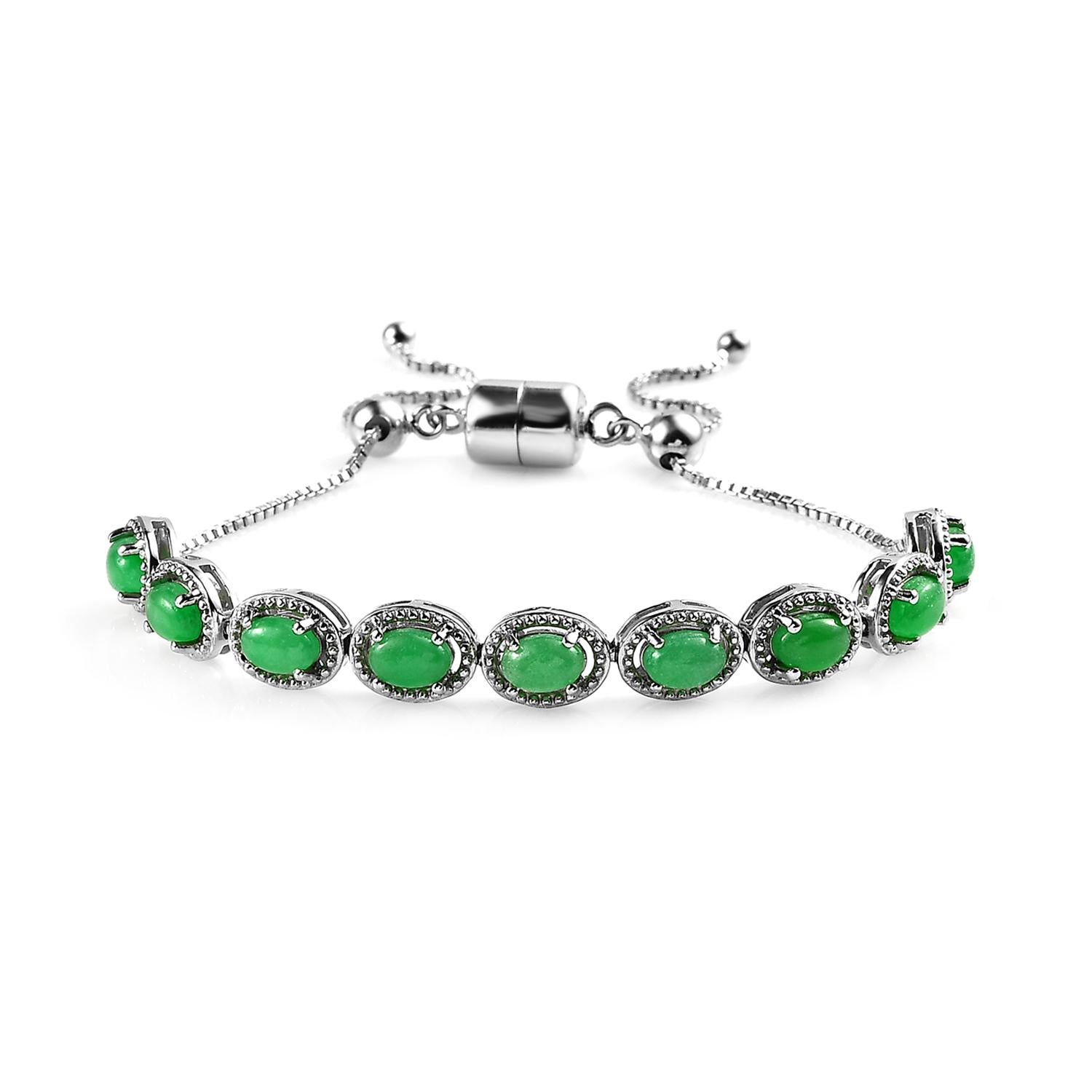 Oval Cut Art Deco Tennis Bracelet 925 Sterling Silver Green Jade Bracelet For Women  For Sale
