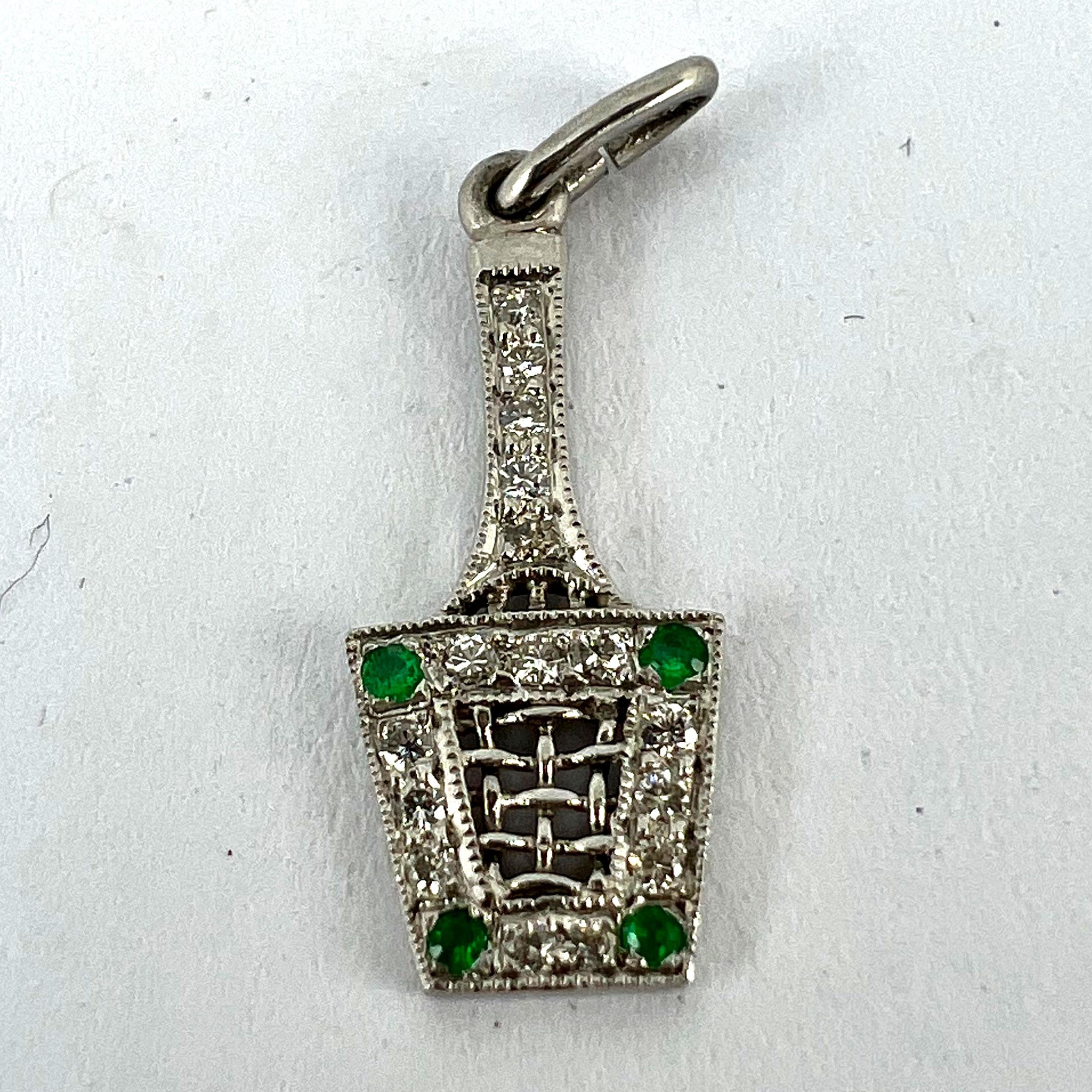 Art Deco Tennis Racket Press Platinum Diamond Emerald Charm Pendant  For Sale 7