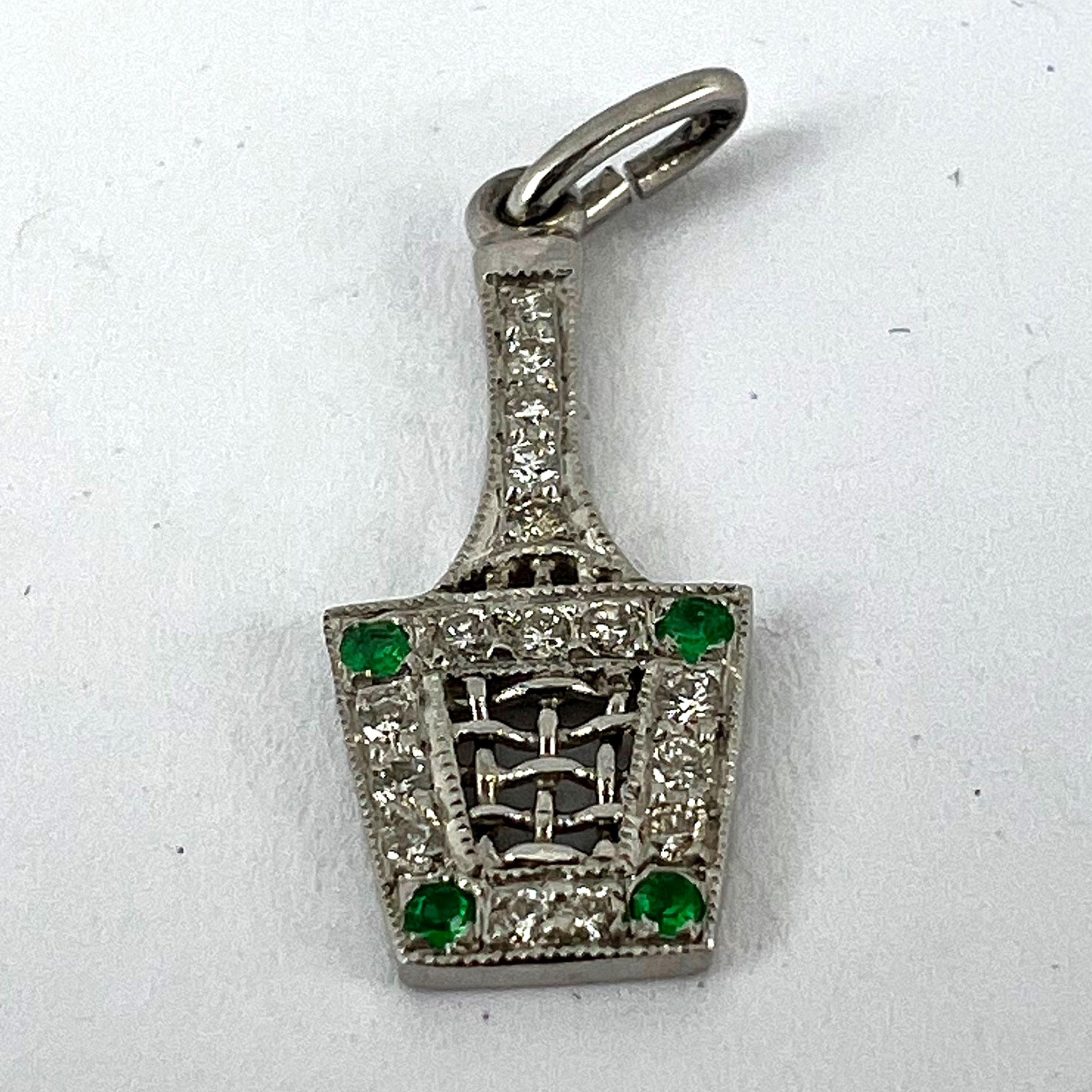 Art Deco Tennis Racket Press Platinum Diamond Emerald Charm Pendant  For Sale 8