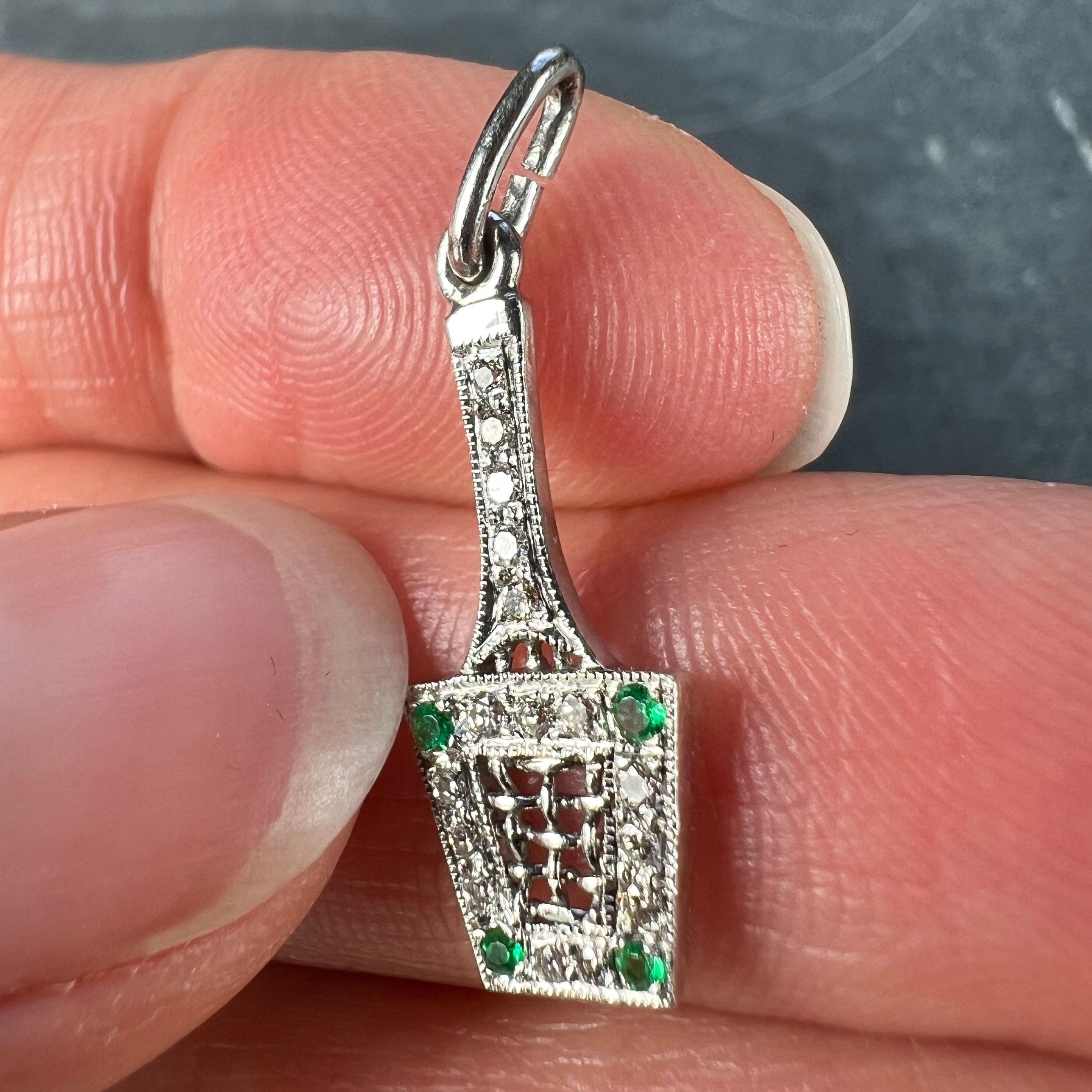 Art Deco Tennis Racket Press Platinum Diamond Emerald Charm Pendant  For Sale 1