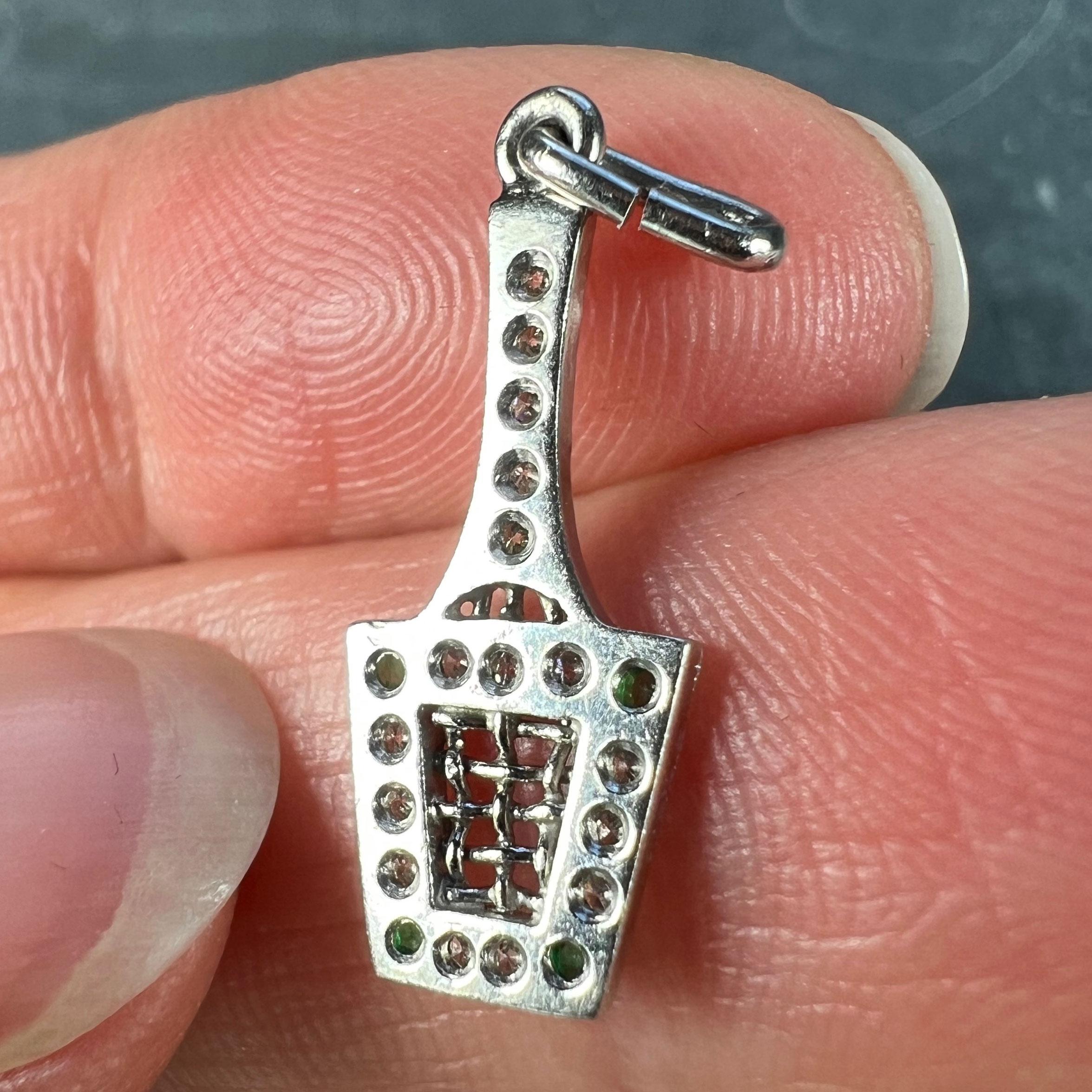 Art Deco Tennis Racket Press Platinum Diamond Emerald Charm Pendant For Sale 3