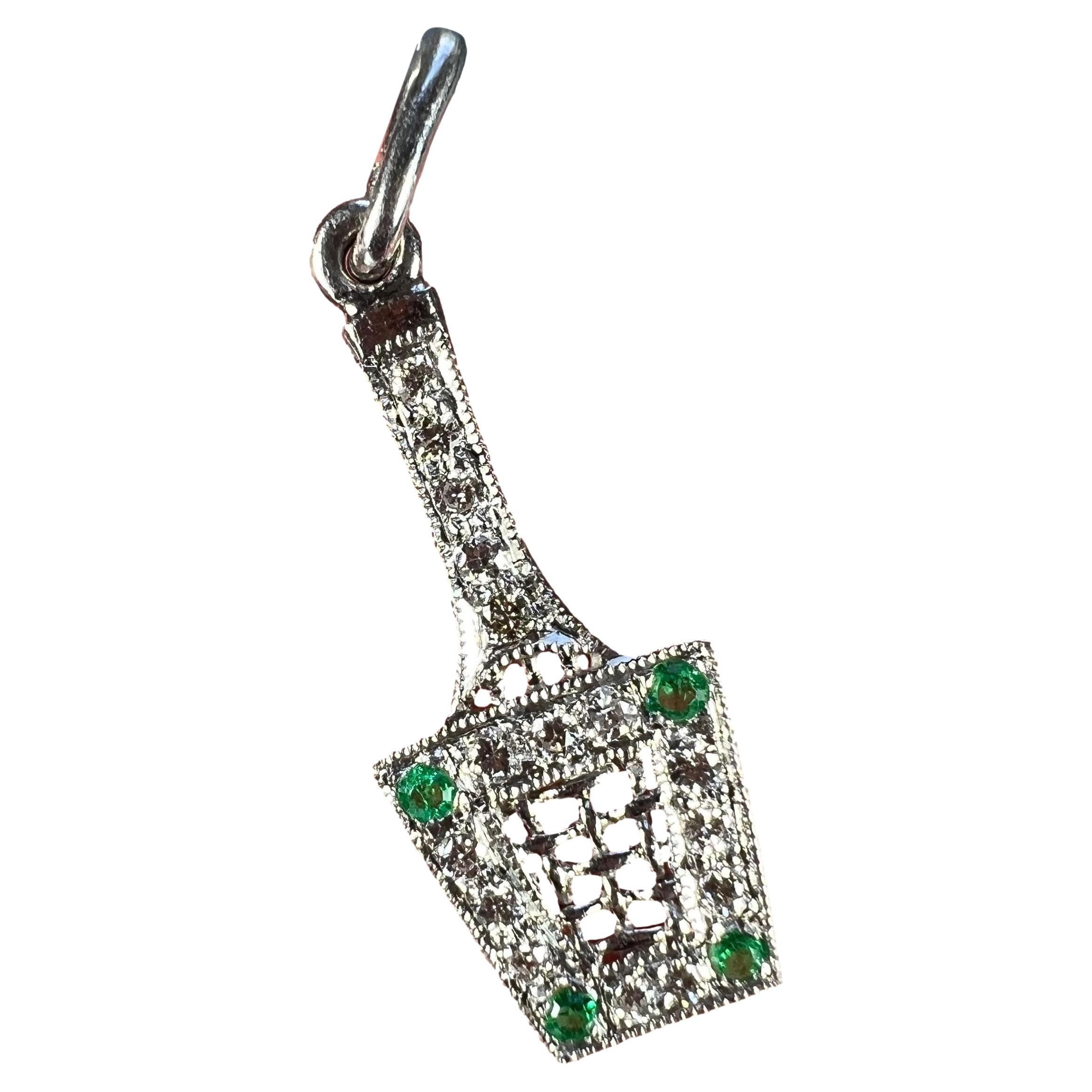 Art Deco Tennis Racket Press Platinum Diamond Emerald Charm Pendant  For Sale