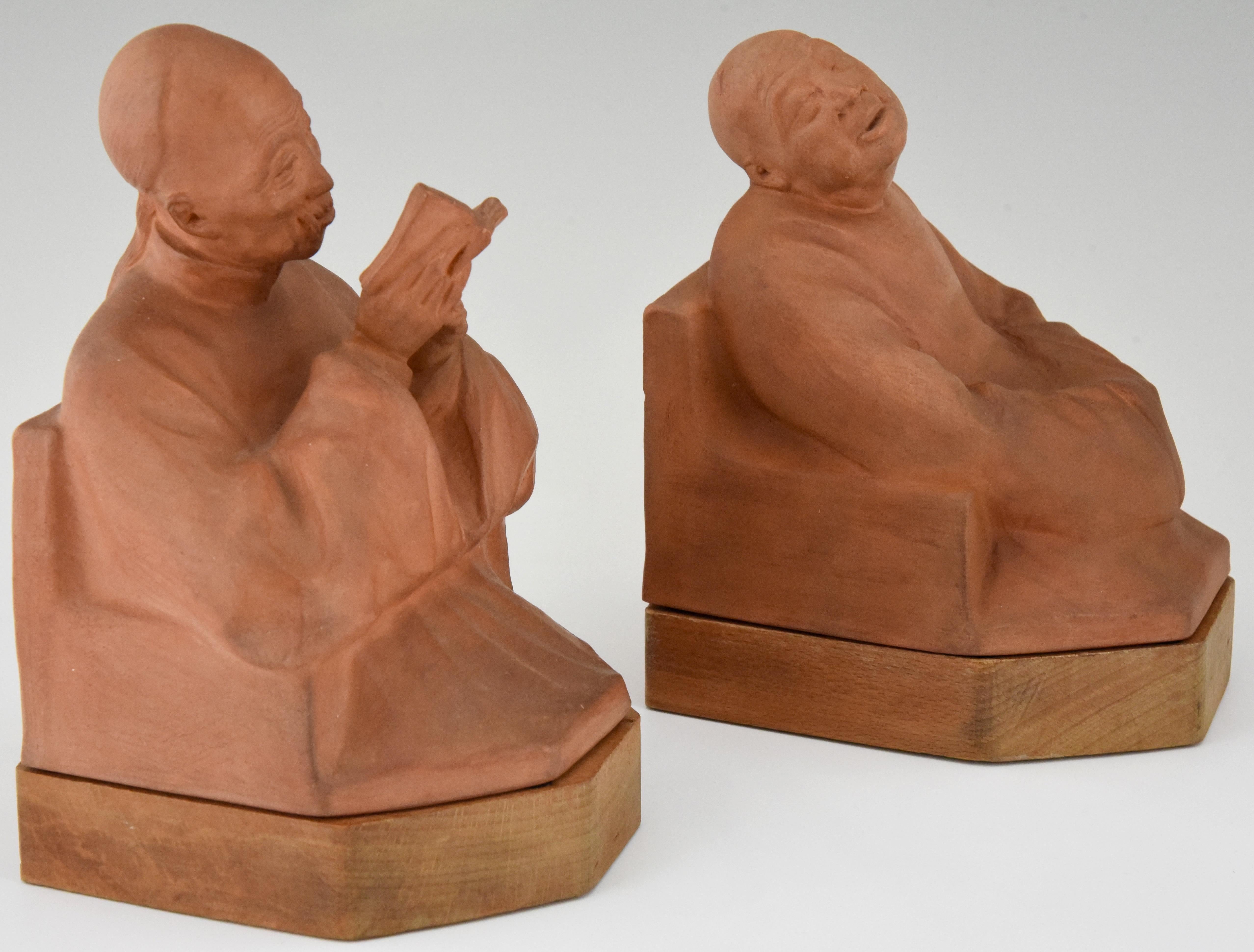 Art Deco Terracotta Bookends with Chinese Men Gaston Hauchecorne, France, 1925 7