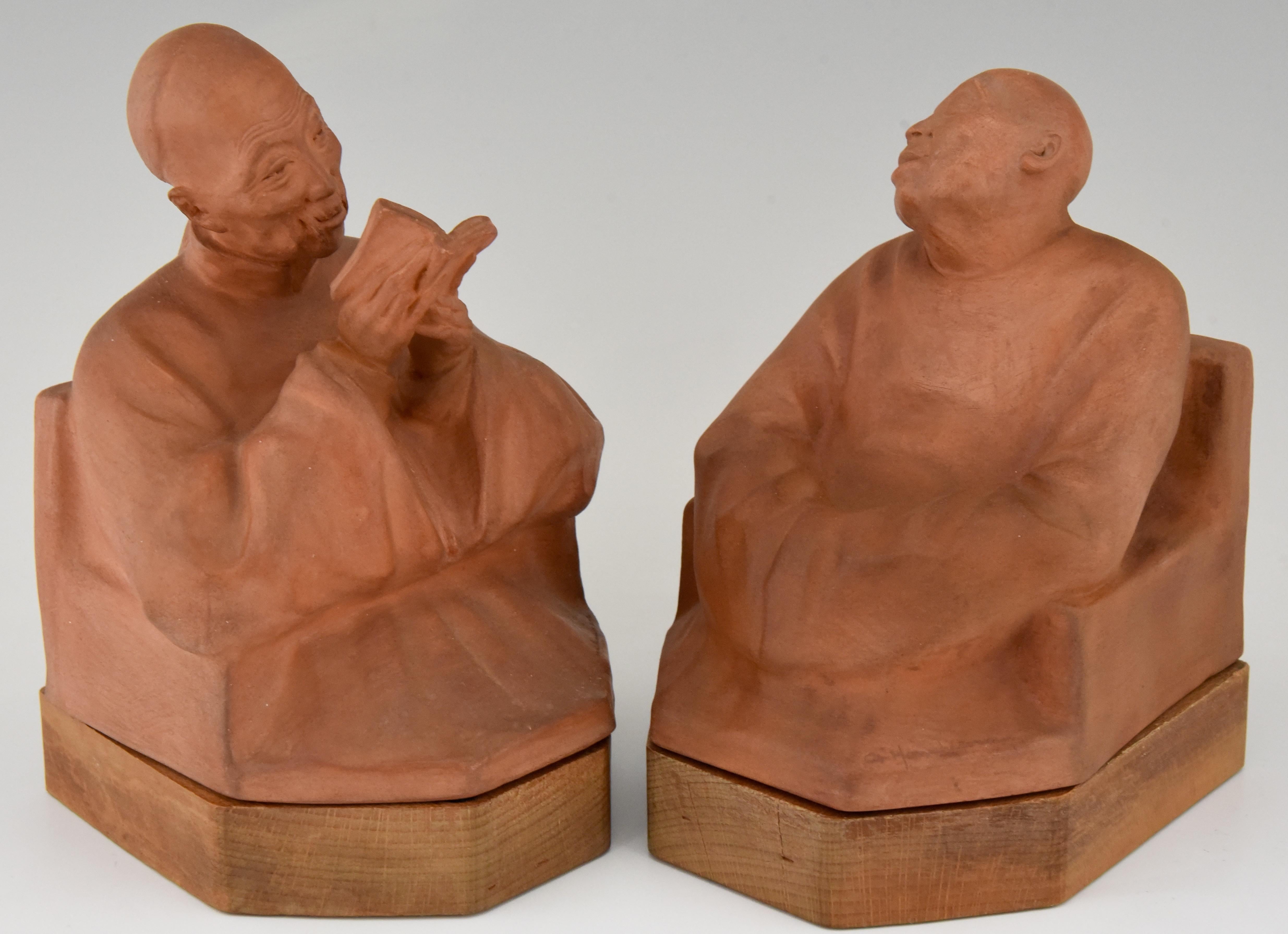 Art Deco Terracotta Bookends with Chinese Men Gaston Hauchecorne, France, 1925 In Good Condition In Antwerp, BE