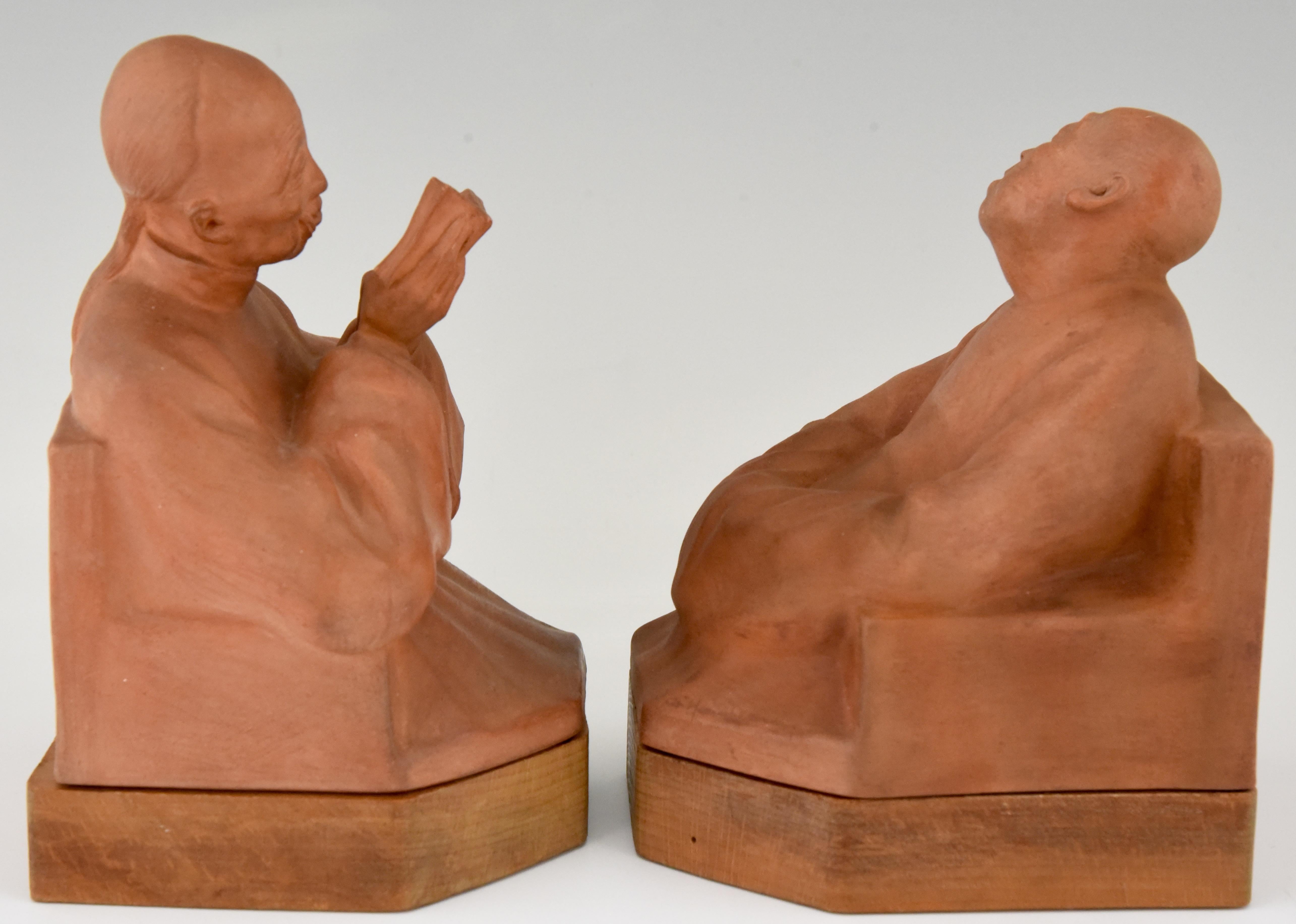 Early 20th Century Art Deco Terracotta Bookends with Chinese Men Gaston Hauchecorne, France, 1925