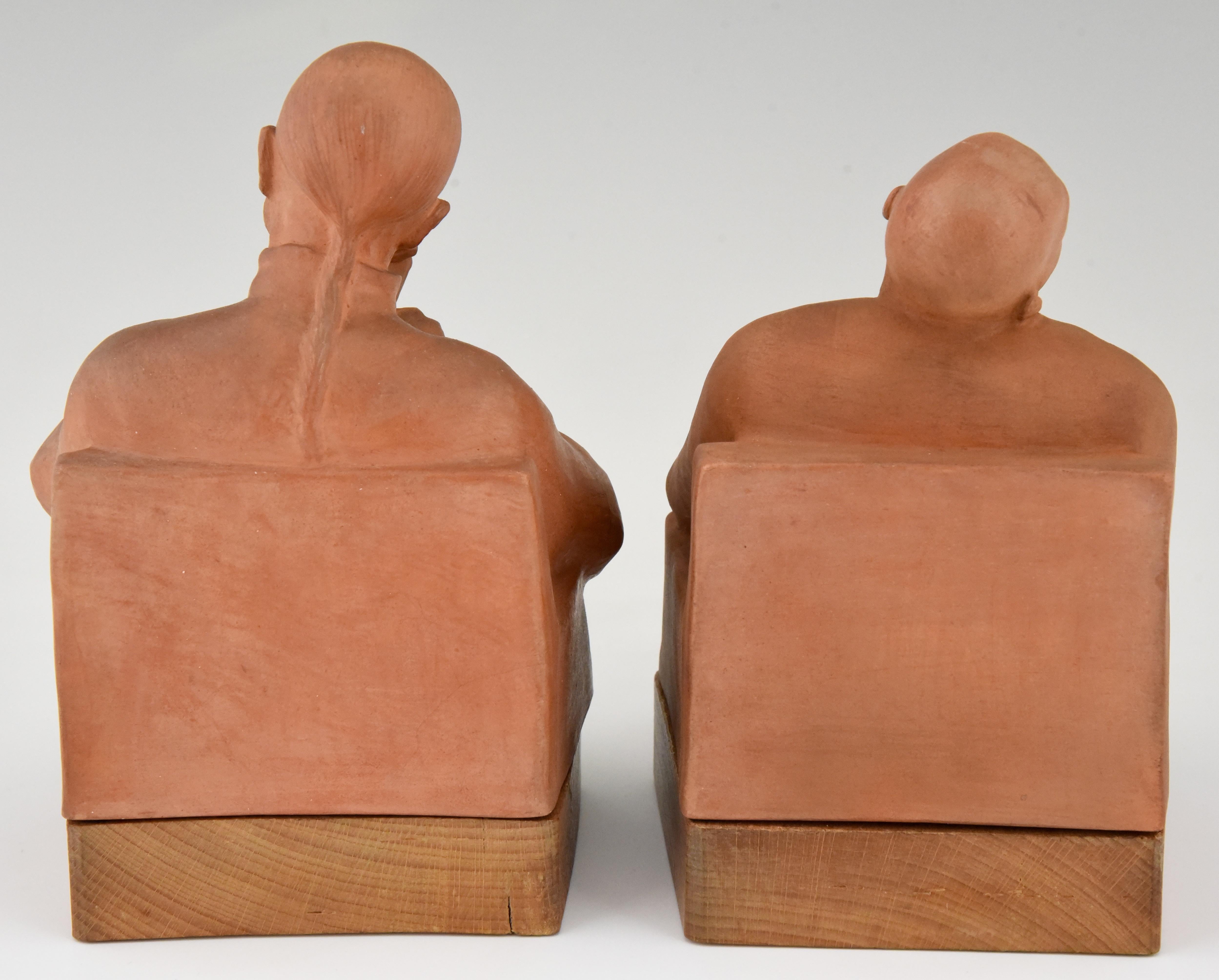 Art Deco Terracotta Bookends with Chinese Men Gaston Hauchecorne, France, 1925 1