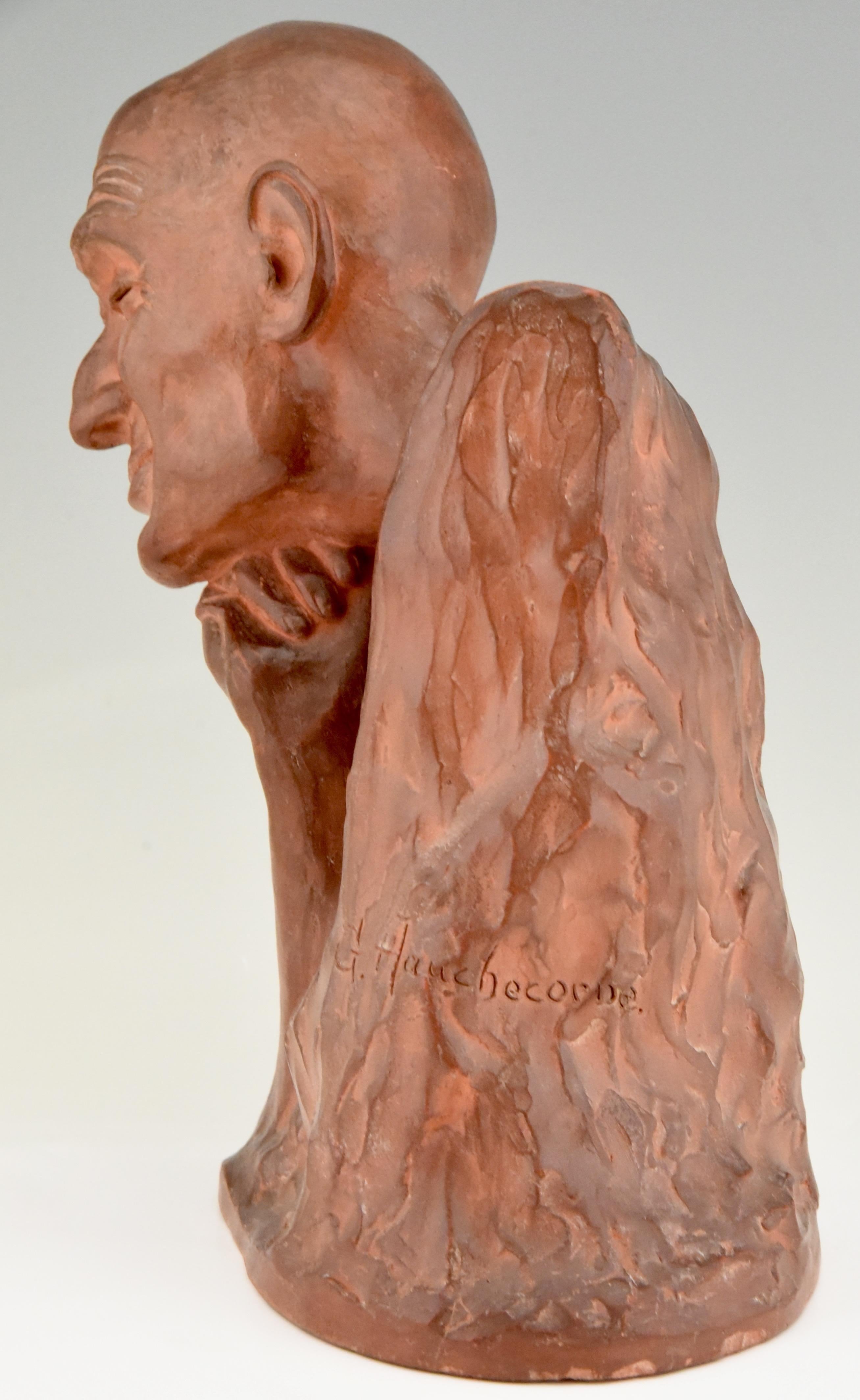 French Art Deco Terracotta Sculpture Bust of a Man Gaston Hauchecorne, France, 1925