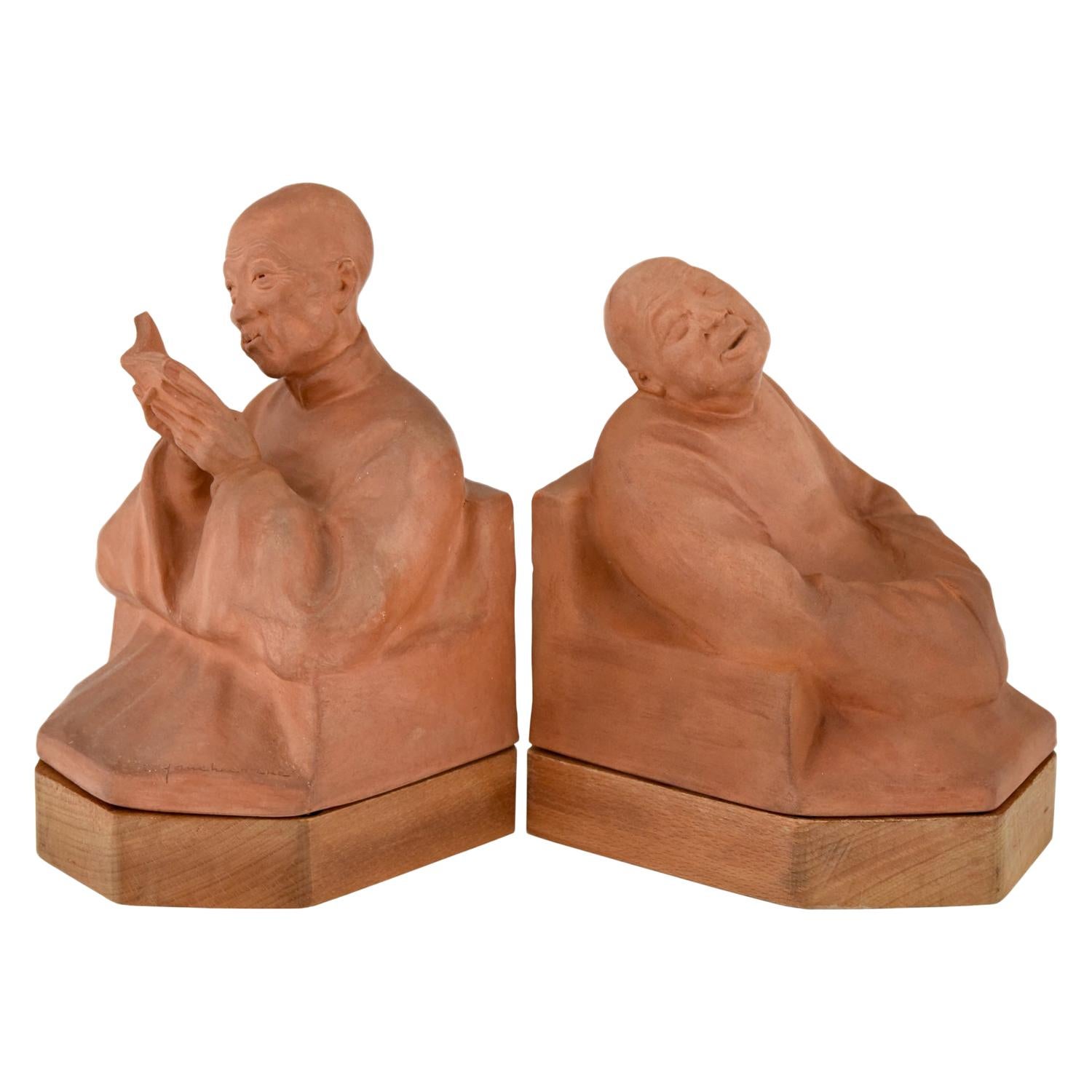 Art Deco Terracotta Bookends with Chinese Men Gaston Hauchecorne, France, 1925