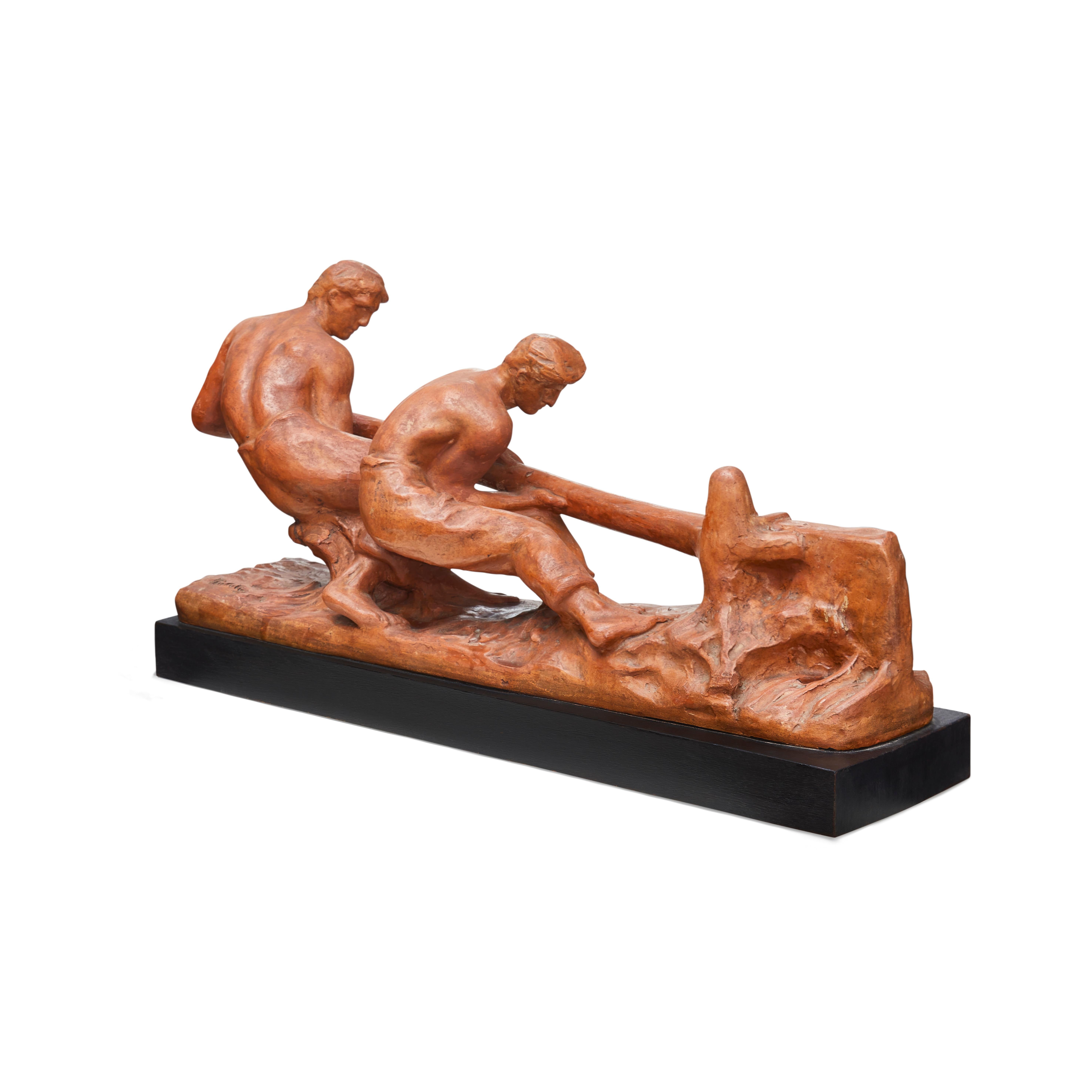 Well sized Art Deco patinated terracotta figural group sitting on an ebonised wooden plinth. This sculpture shows great fluidity of movement of men toiling, most likely opening a lock on a canal. Signed. Probably Belgium, circa 1930s.