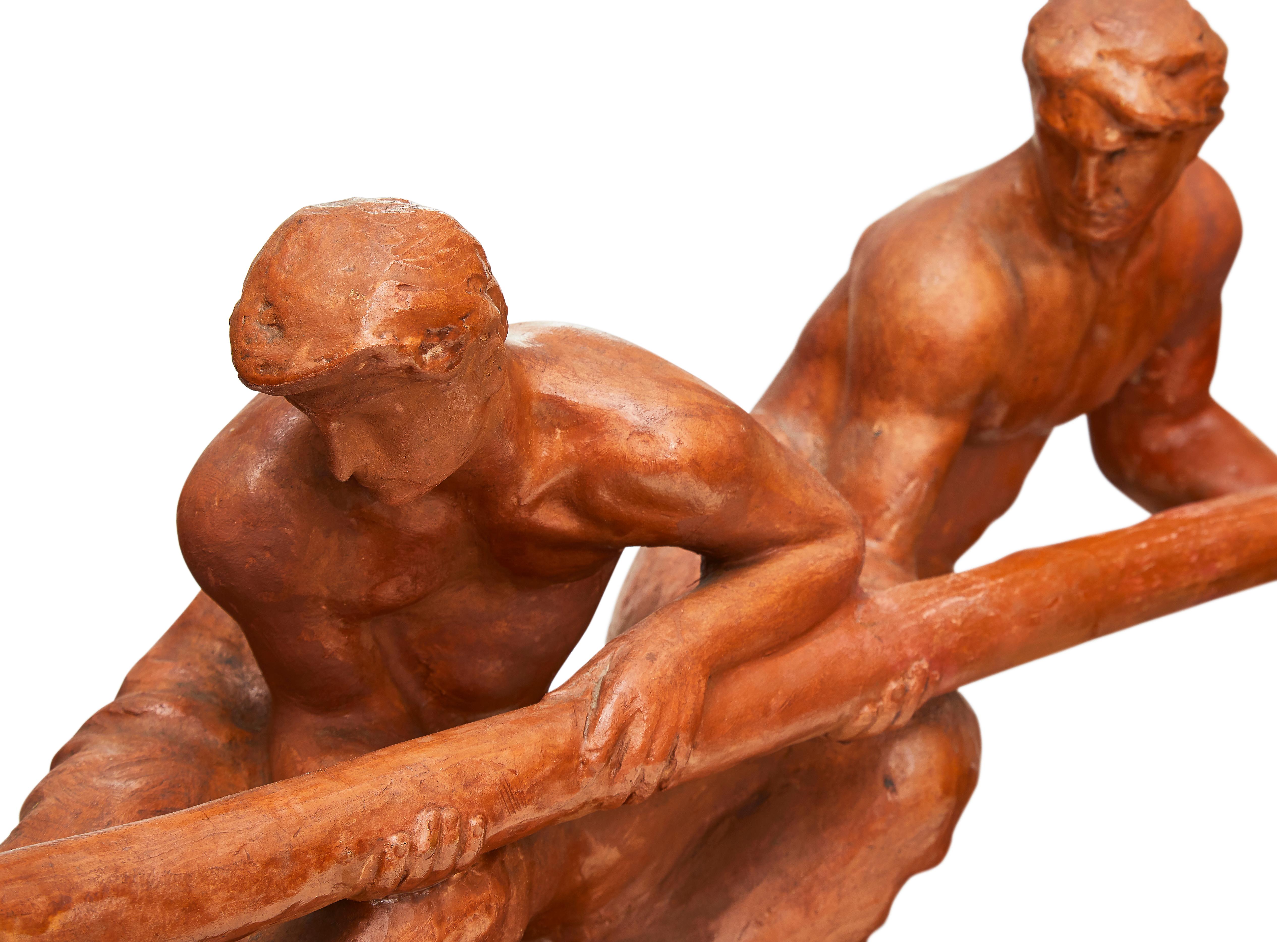 Belgian Art Deco Terracotta Figural Group on Wooden Plinth