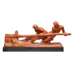 Art Deco Terracotta Figural Group on Wooden Plinth
