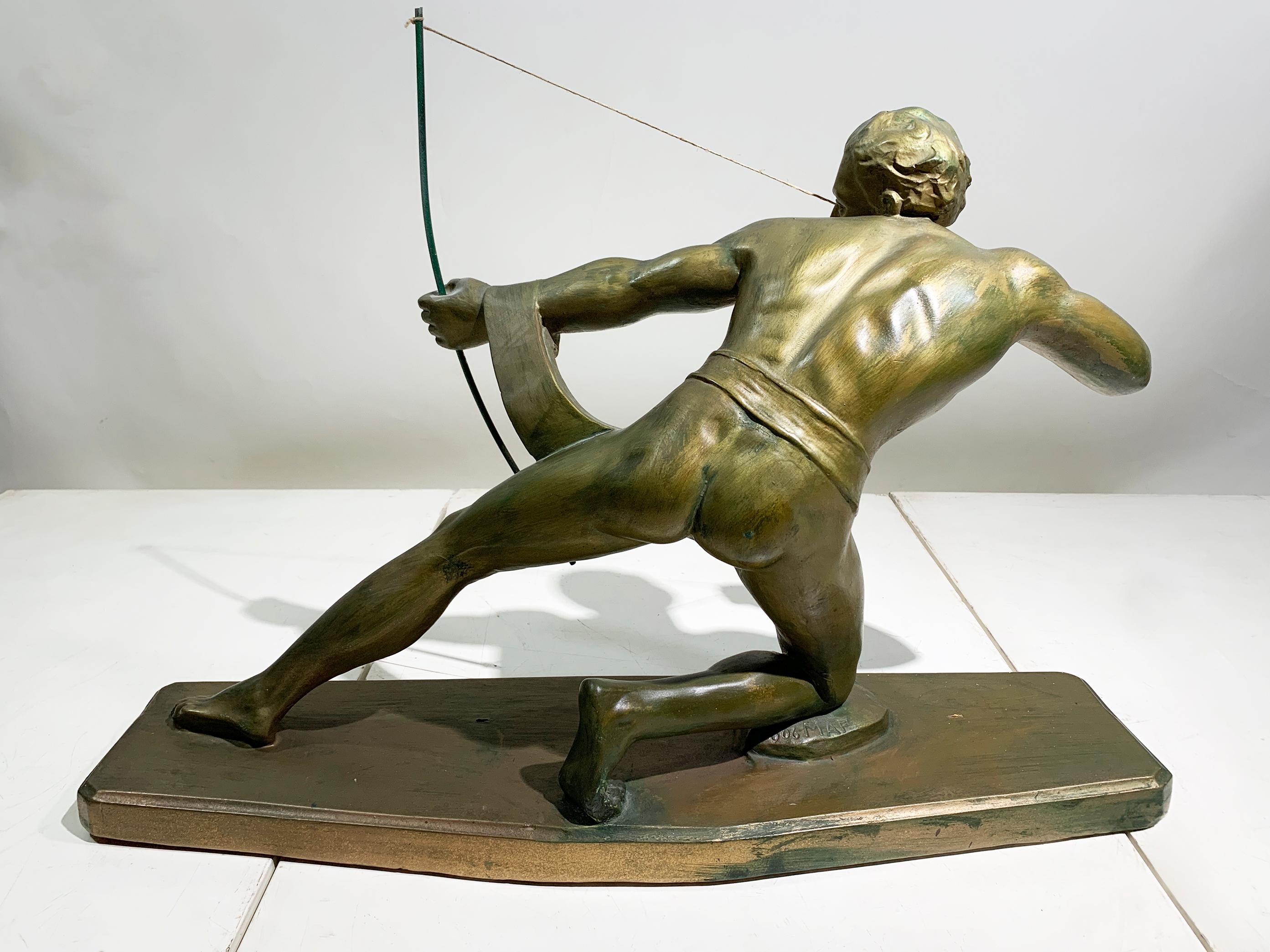 Francese Art Deco Terracotta Metal Patinated Sculpture Engraved 