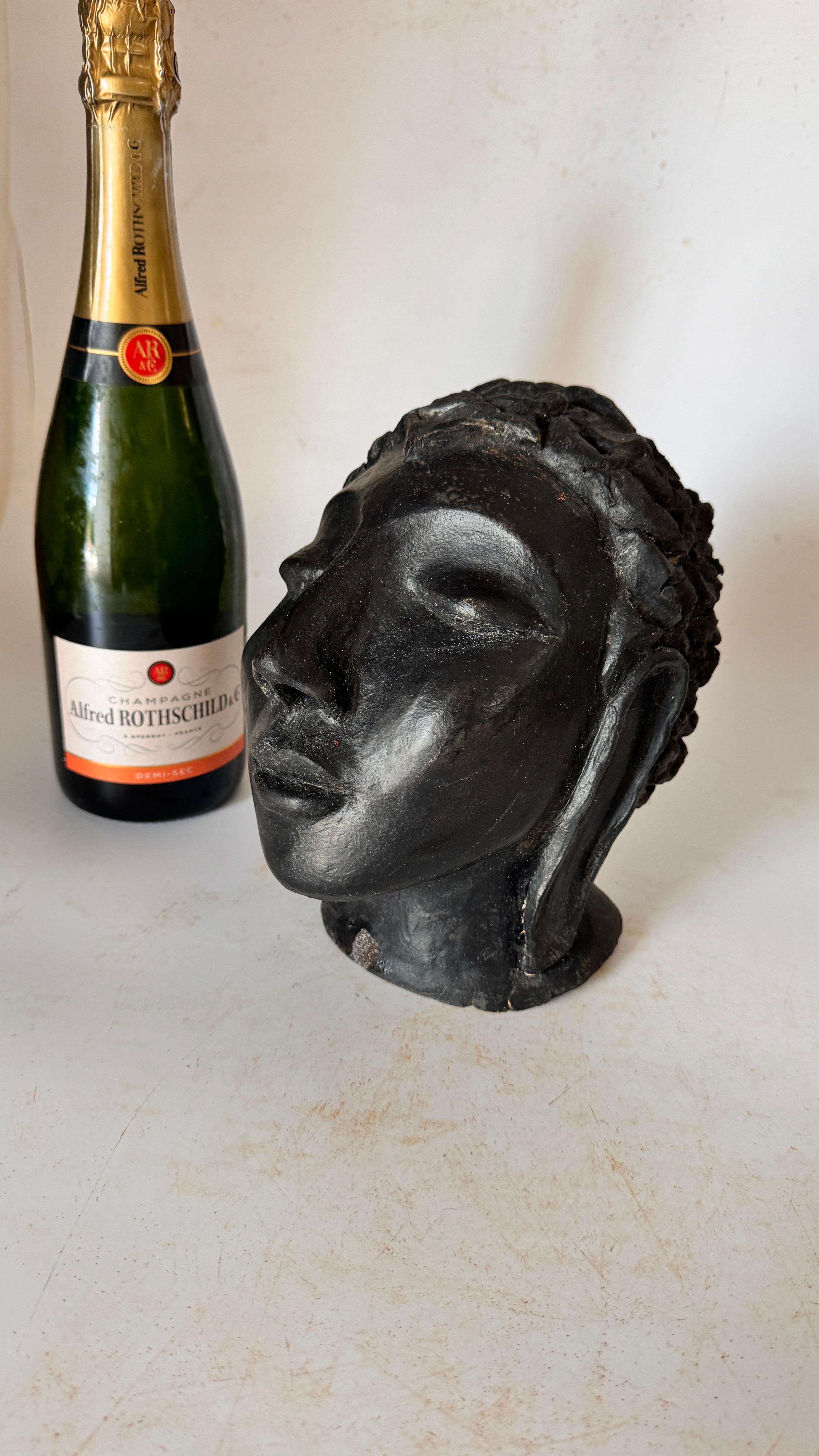 Romantic Art Deco Terracotta Sculpture Black Color Woman Head France 1940 Signed For Sale