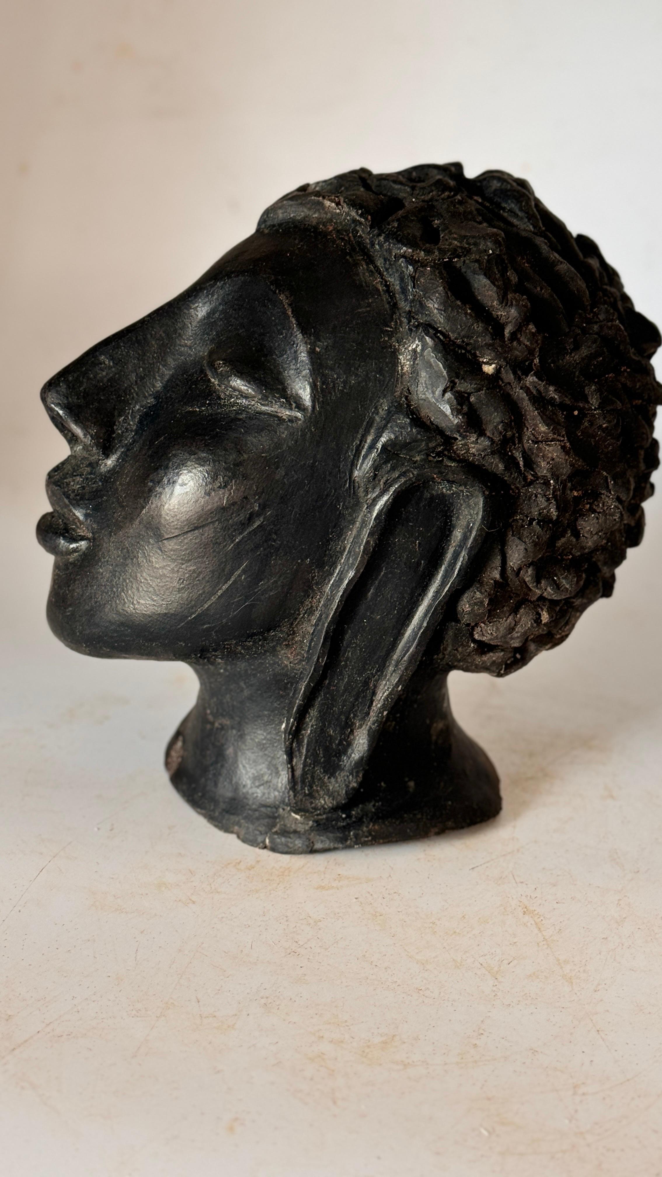 Mid-20th Century Art Deco Terracotta Sculpture Black Color Woman Head France 1940 Signed For Sale