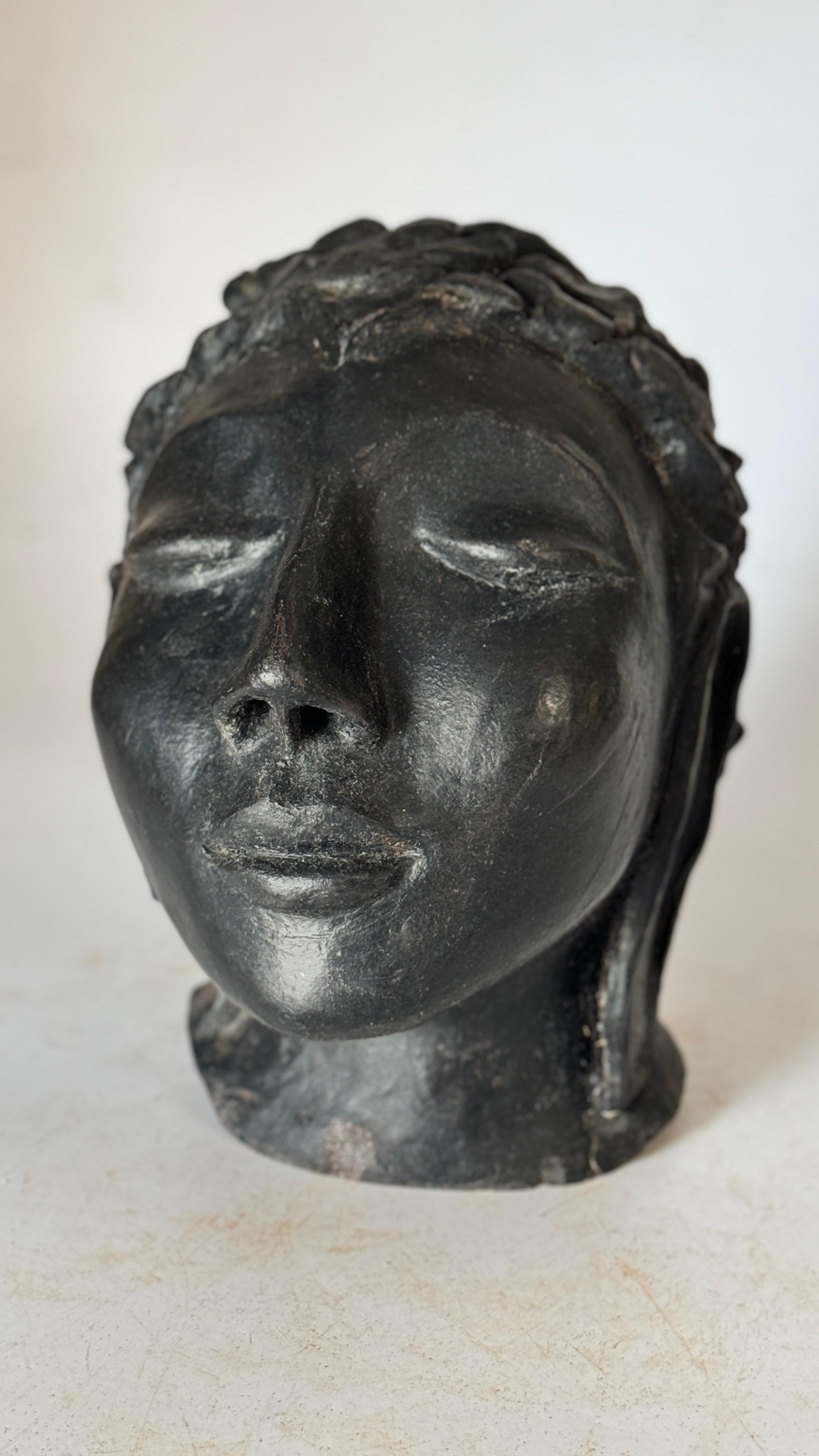 Art Deco Terracotta Sculpture Black Color Woman Head France 1940 Signed For Sale 1