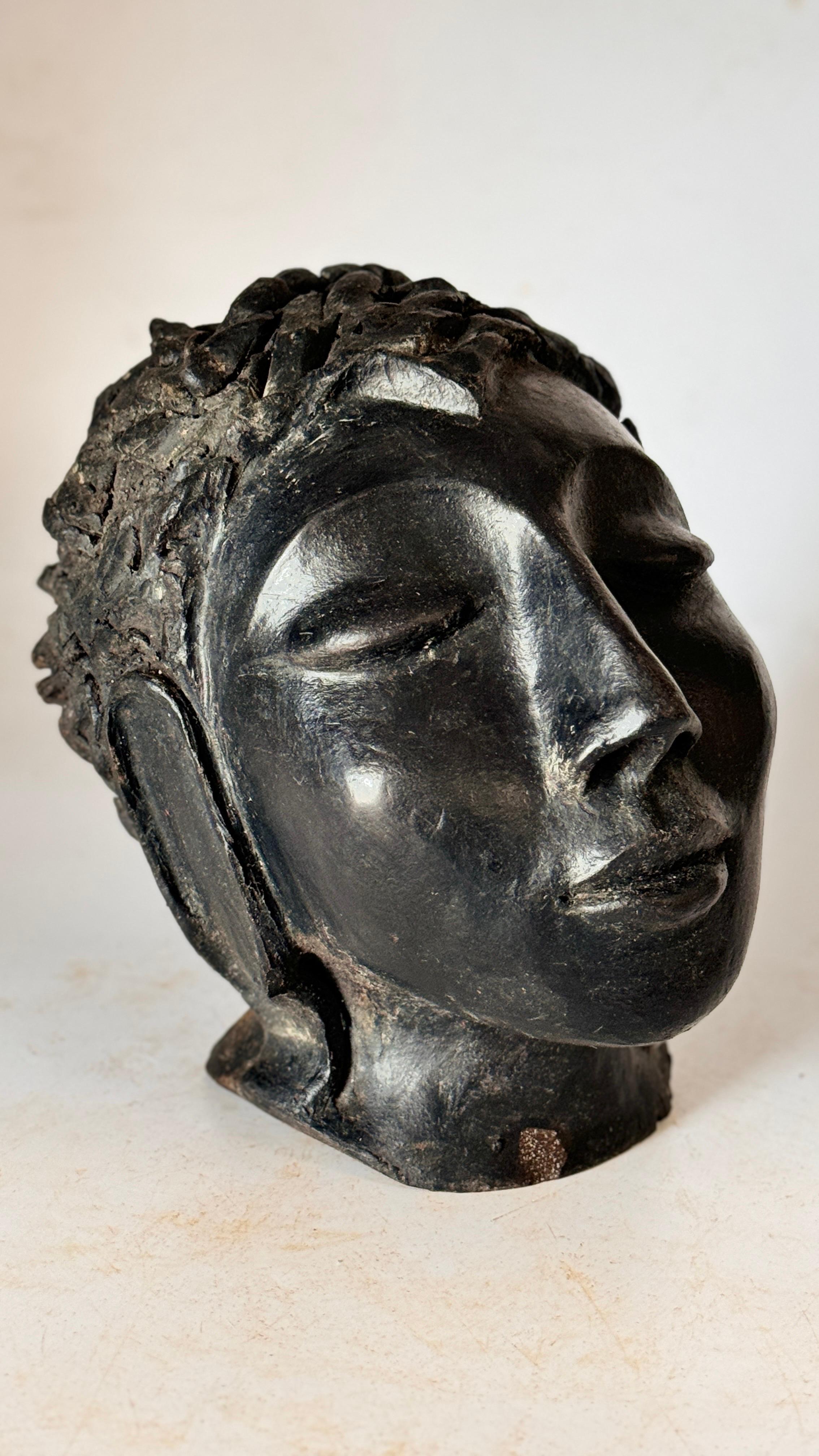 Art Deco Terracotta Sculpture Black Color Woman Head France 1940 Signed For Sale 2