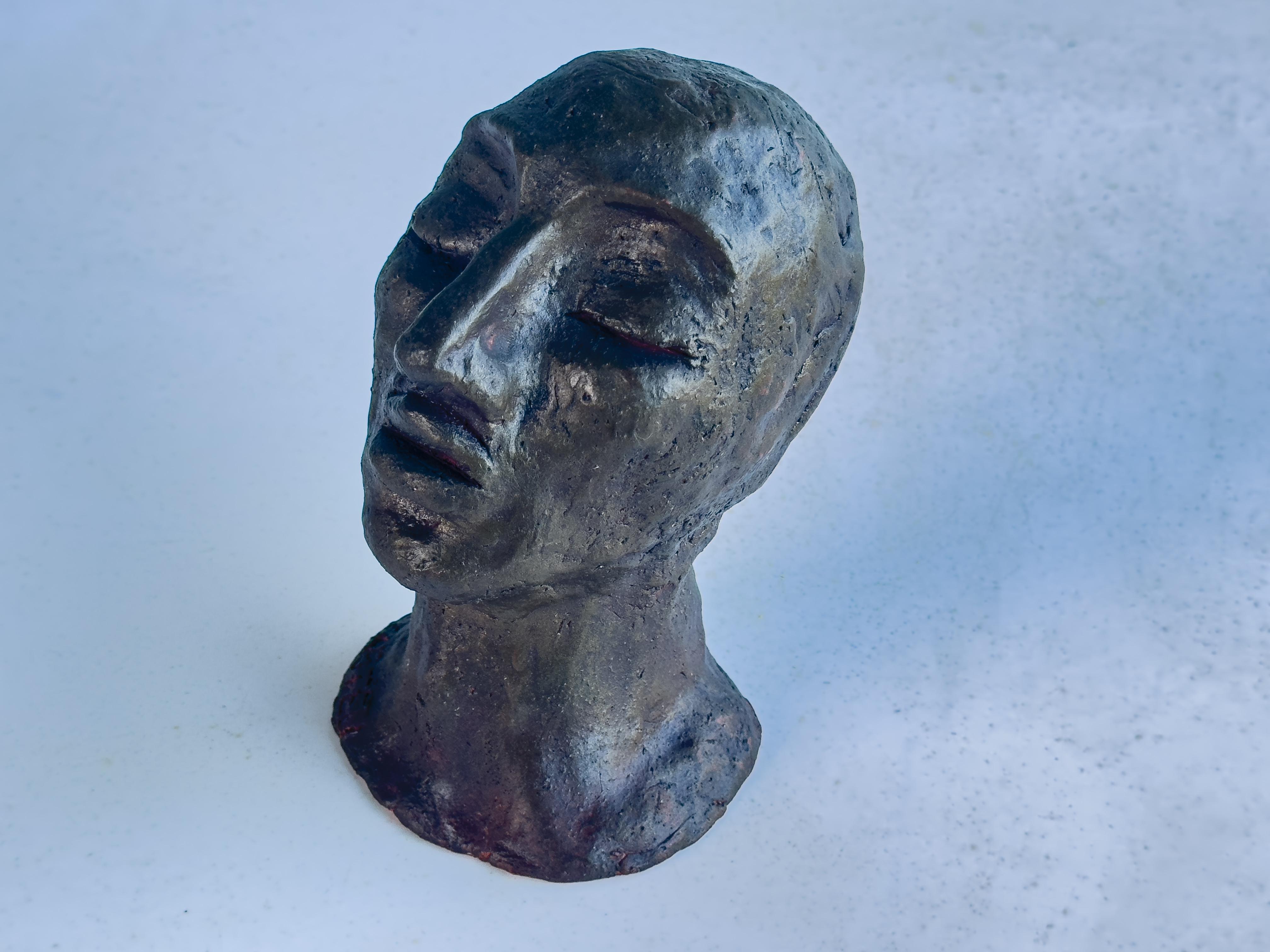 French Art Deco Terracotta Sculpture BrownColor Woman Head France 1980 Signed For Sale