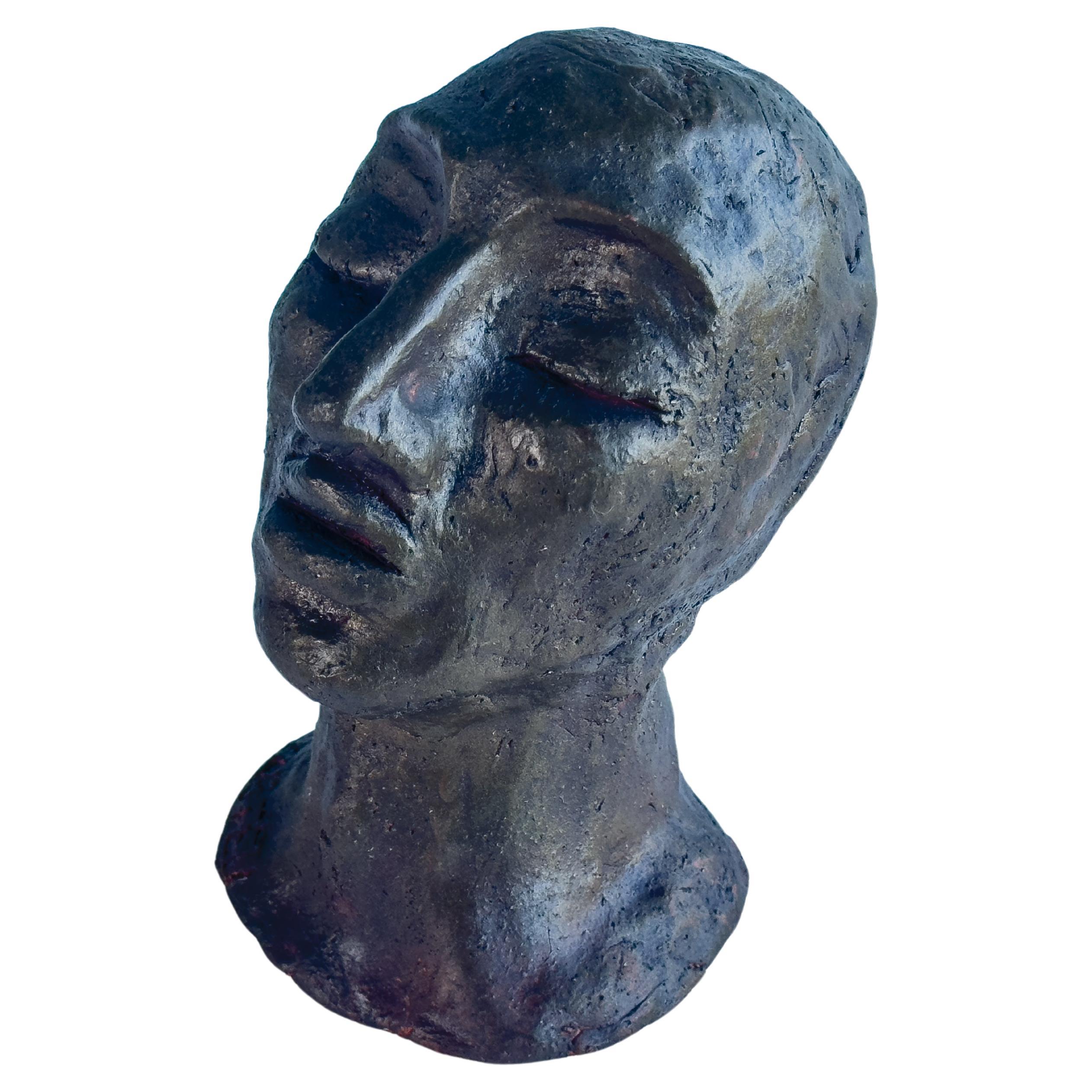 Sculpture Art déco de tête de femme de couleur brune signée, France, 1980