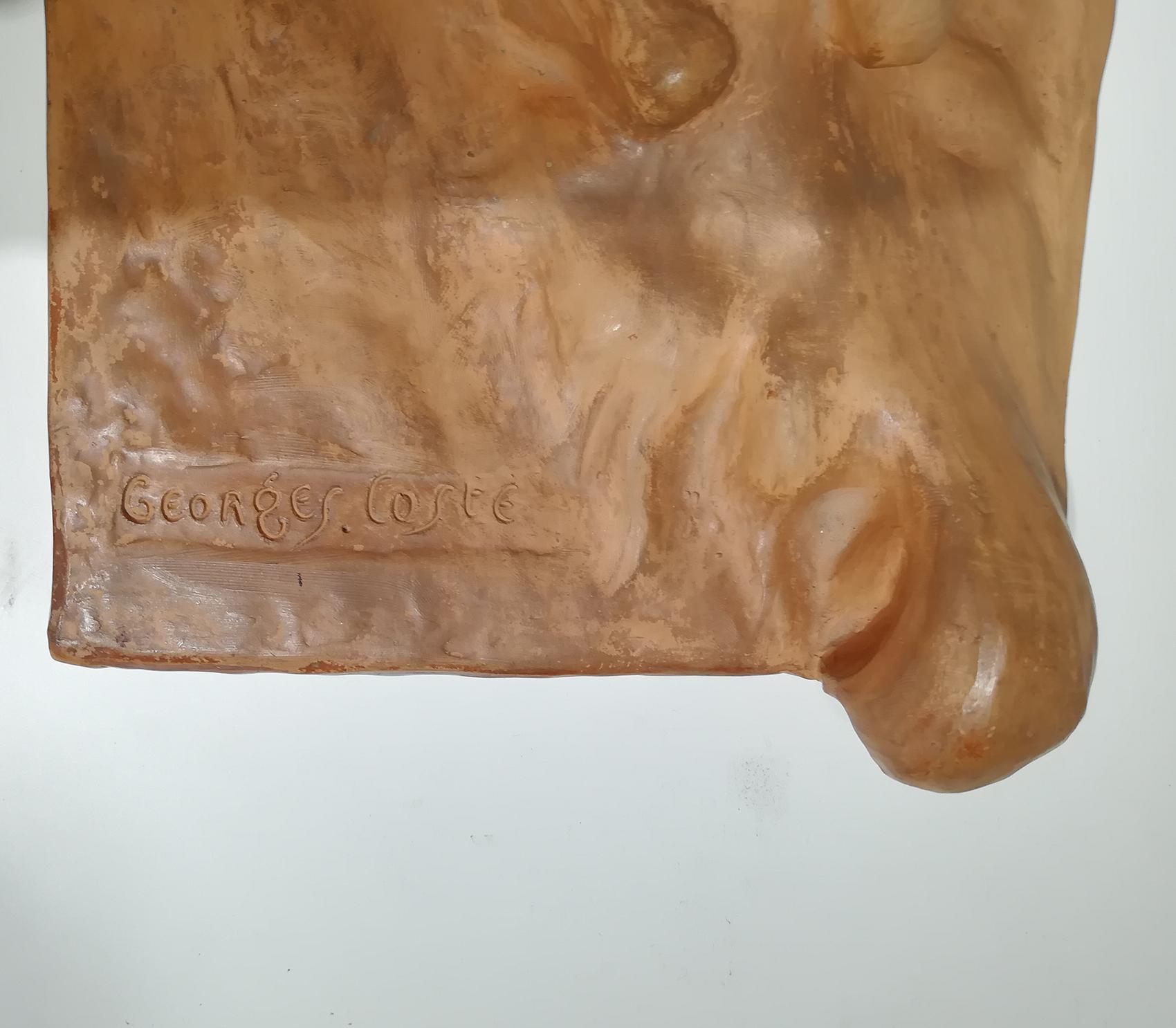 Art Deco Terrakotta-Skulptur einer Frau mit ihrem Barsoi:: signiert Georges Coste im Zustand „Gut“ im Angebot in Beirut, LB