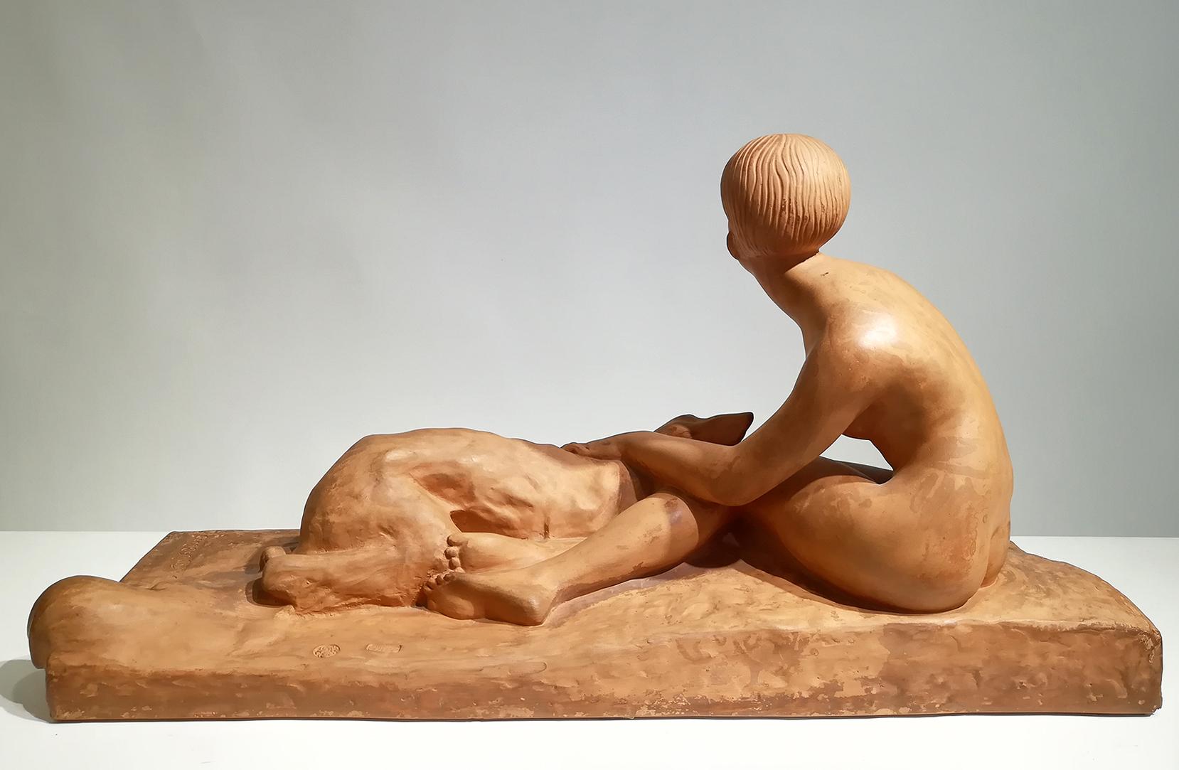 Art Deco Terracotta Sculpture of a Woman with Her Borzoi Signed Georges Coste For Sale 1