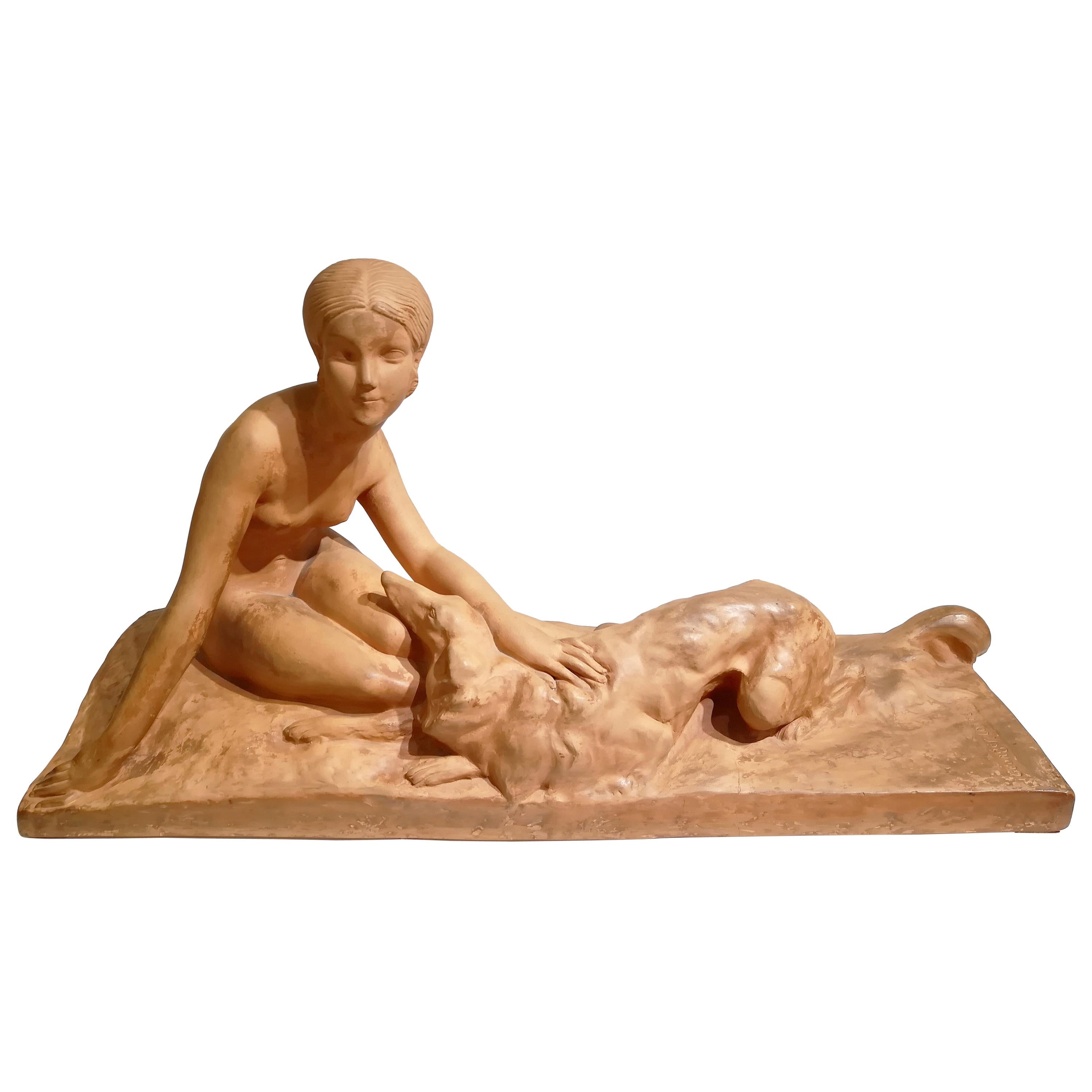 Art Deco Terracotta Sculpture of a Woman with Her Borzoi Signed Georges Coste