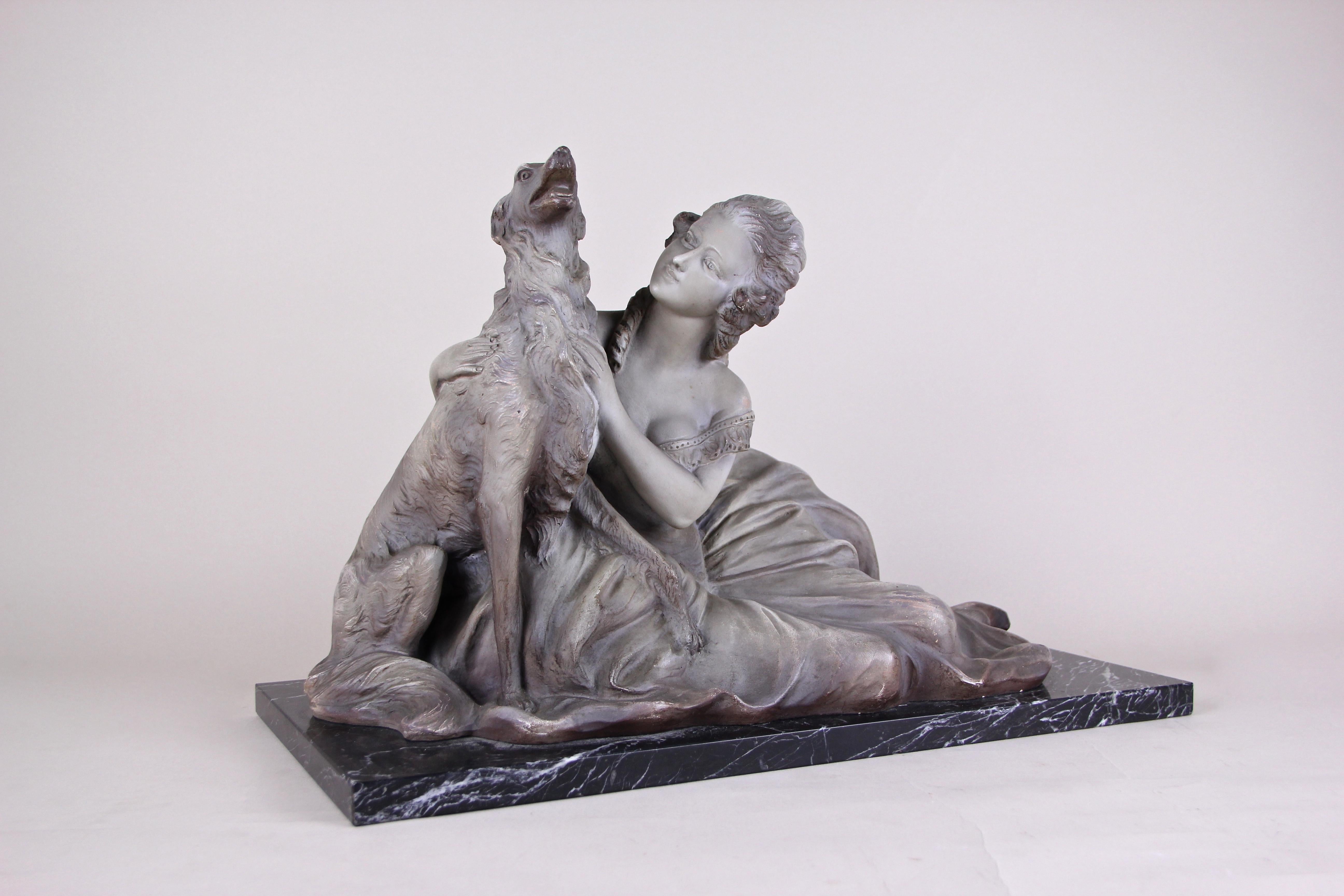French Art Deco Terracotta Sculpture on Black Marble Base, Signed, France, circa 1920 For Sale