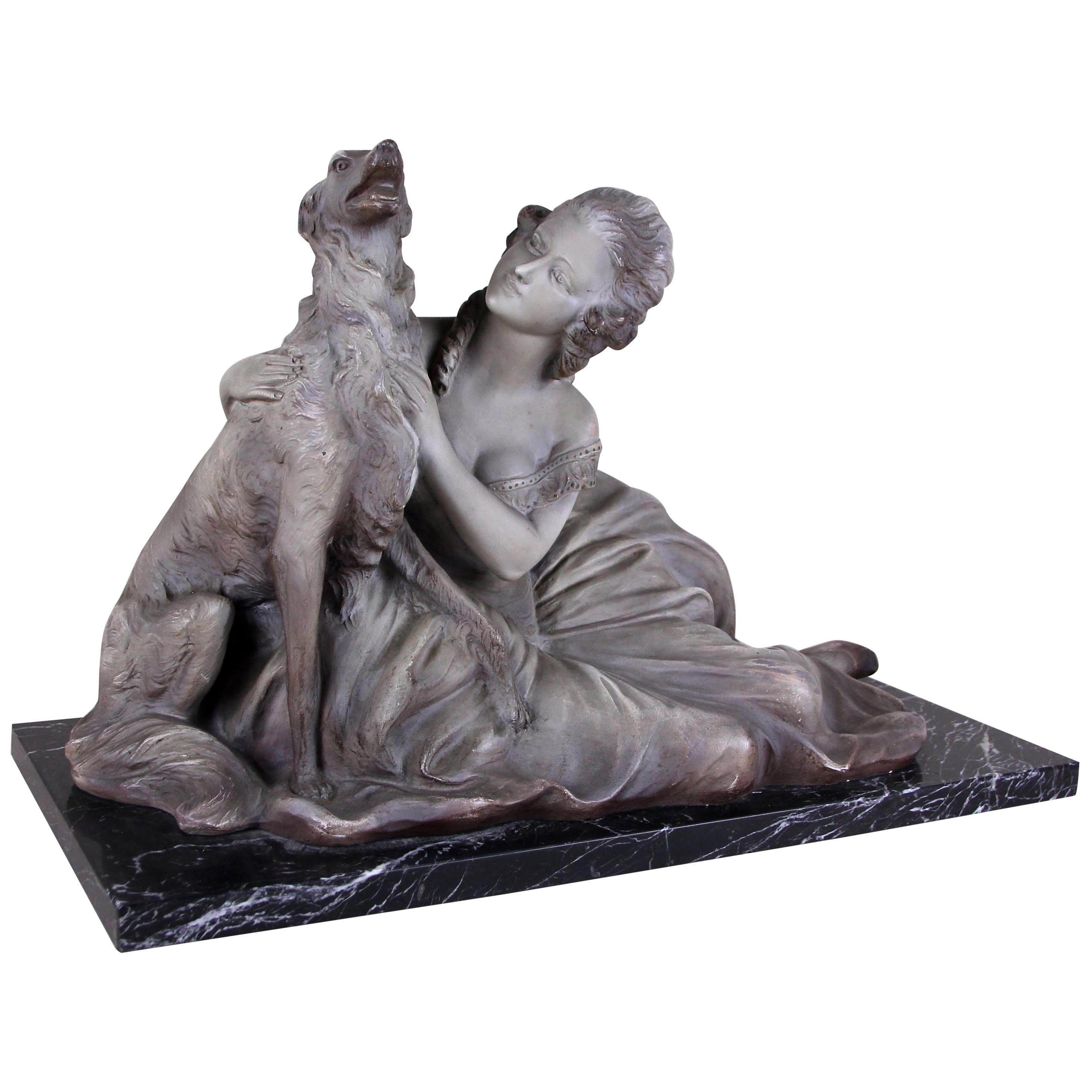 Art Deco Terracotta Sculpture on Black Marble Base, Signed, France, circa 1920 For Sale