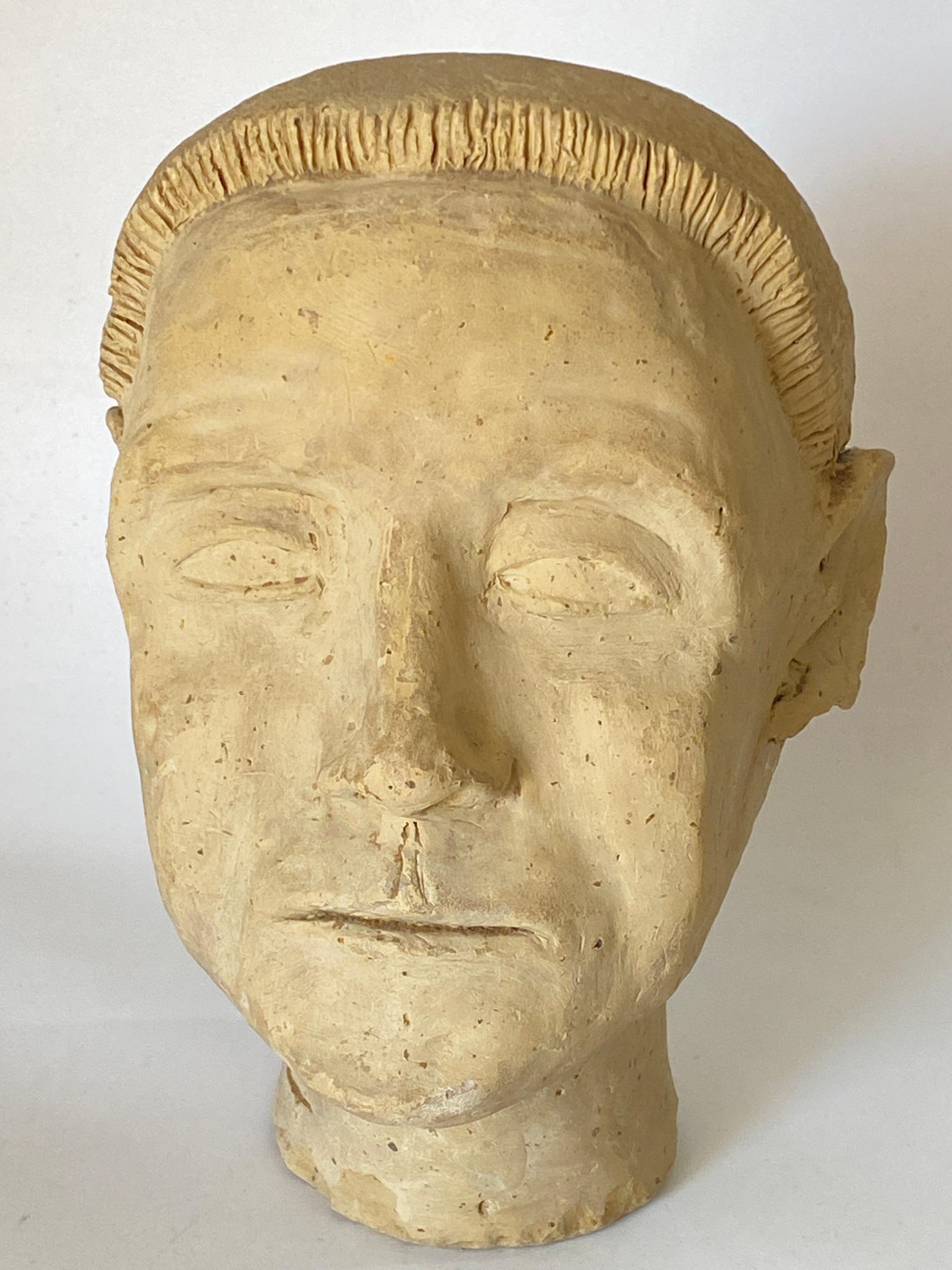 Art Deco Terracotta Sculpture, White Color, Man Head, France, 1940 For Sale 3