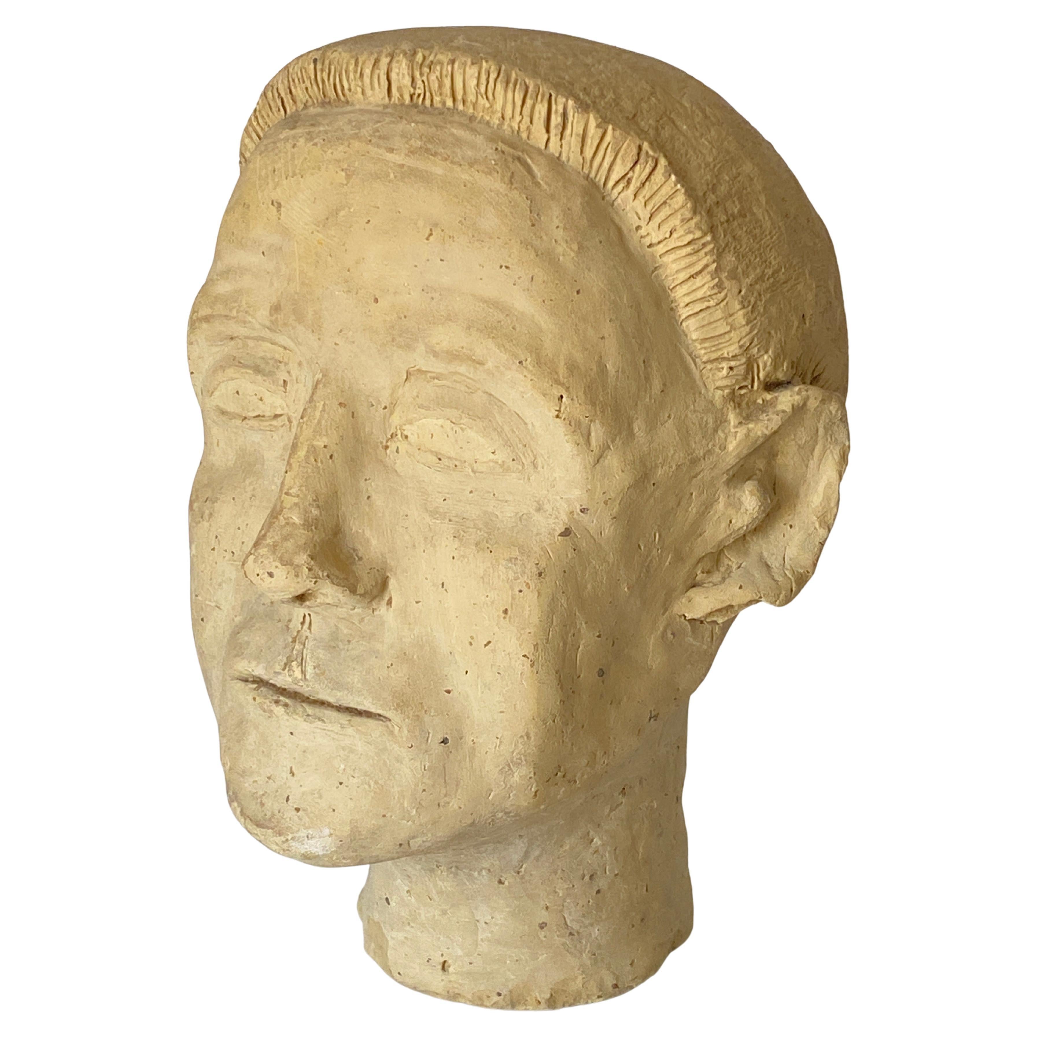 Art Deco Terracotta Sculpture, White Color, Man Head, France, 1940