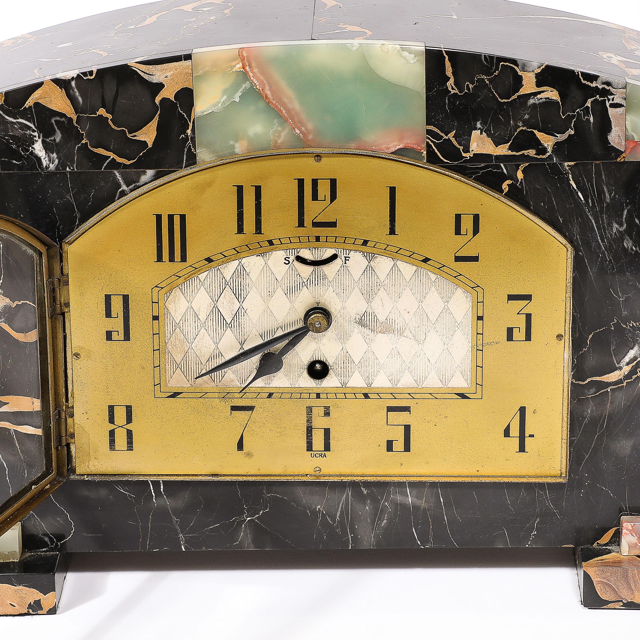 Art Deco Tessellated Marble , Onyx  & Brass Mantlepiece Clock signed Ucra  For Sale 9