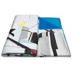 Art Deco Textile Throw 100% Silk Blue Cream Collage Photomontage Contemporary 