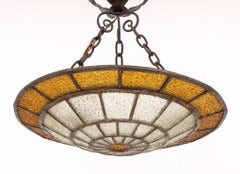 Art Deco Textured Glass and Iron Pendant Light