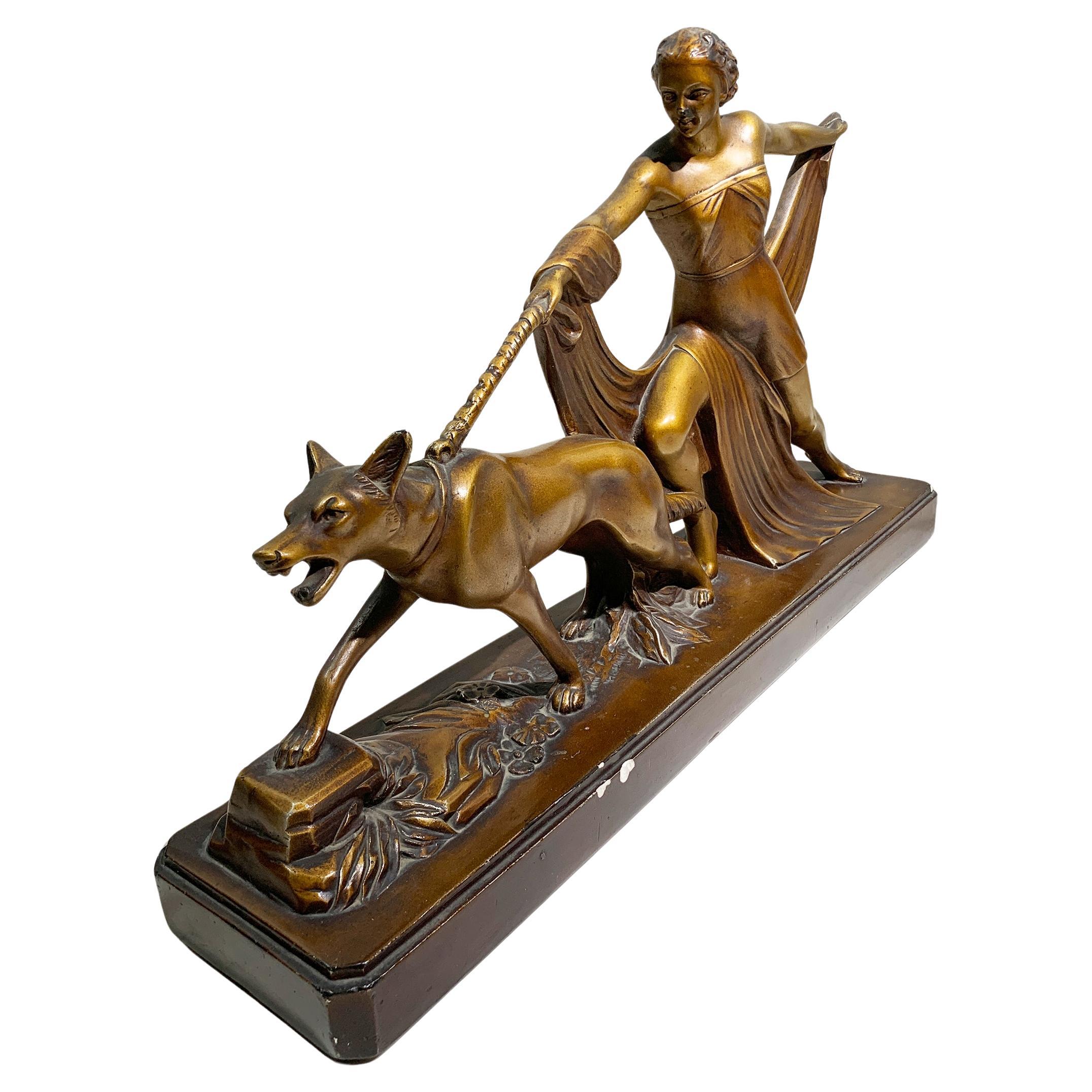 Art Deco "The Huntress and Dog" Patinated Sculpture, Signed "S. MELANI ."