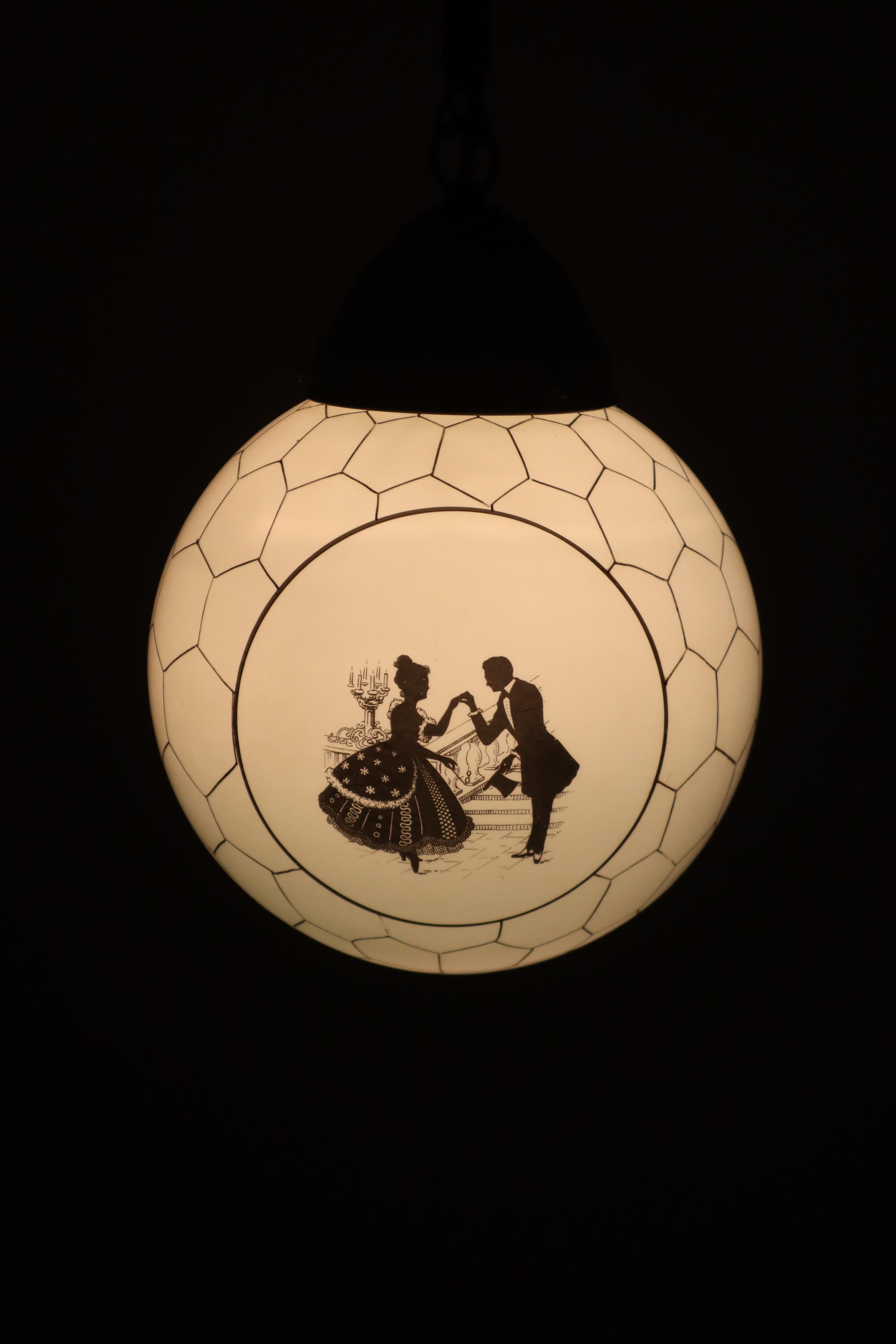 Metal Art Deco Opal Glass Pendant Light, 