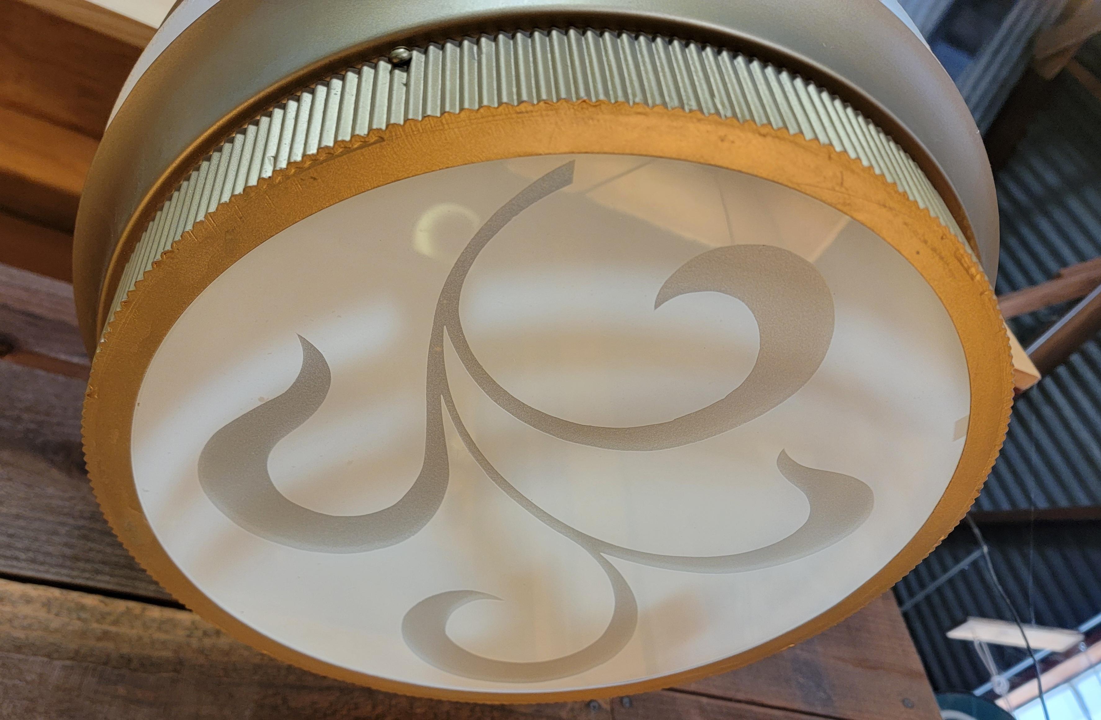 Etched Art Deco Theater Flush Mount Light Fixture with Flashed Glass Shade For Sale