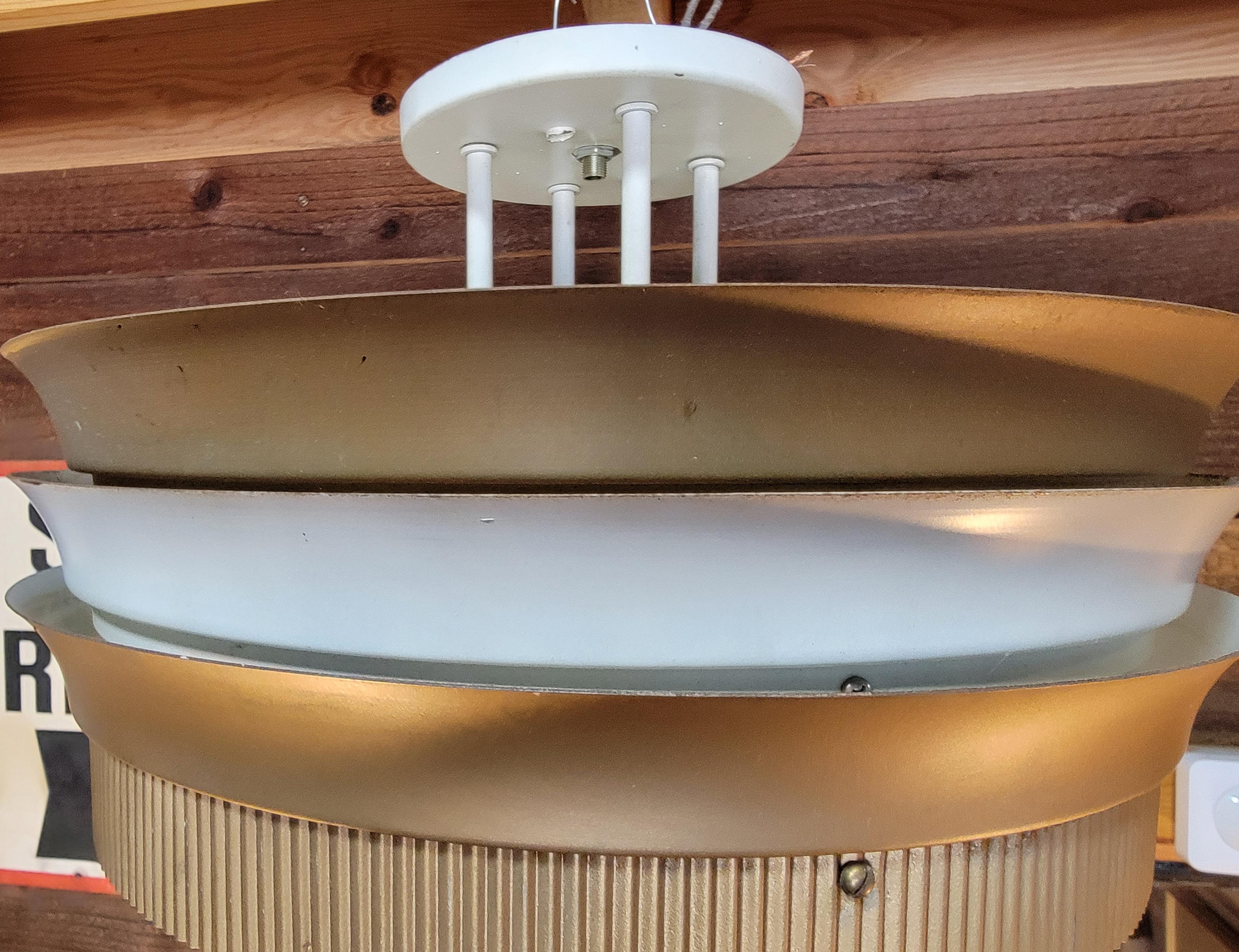 Metal Art Deco Theater Flush Mount Light Fixture with Flashed Glass Shade For Sale